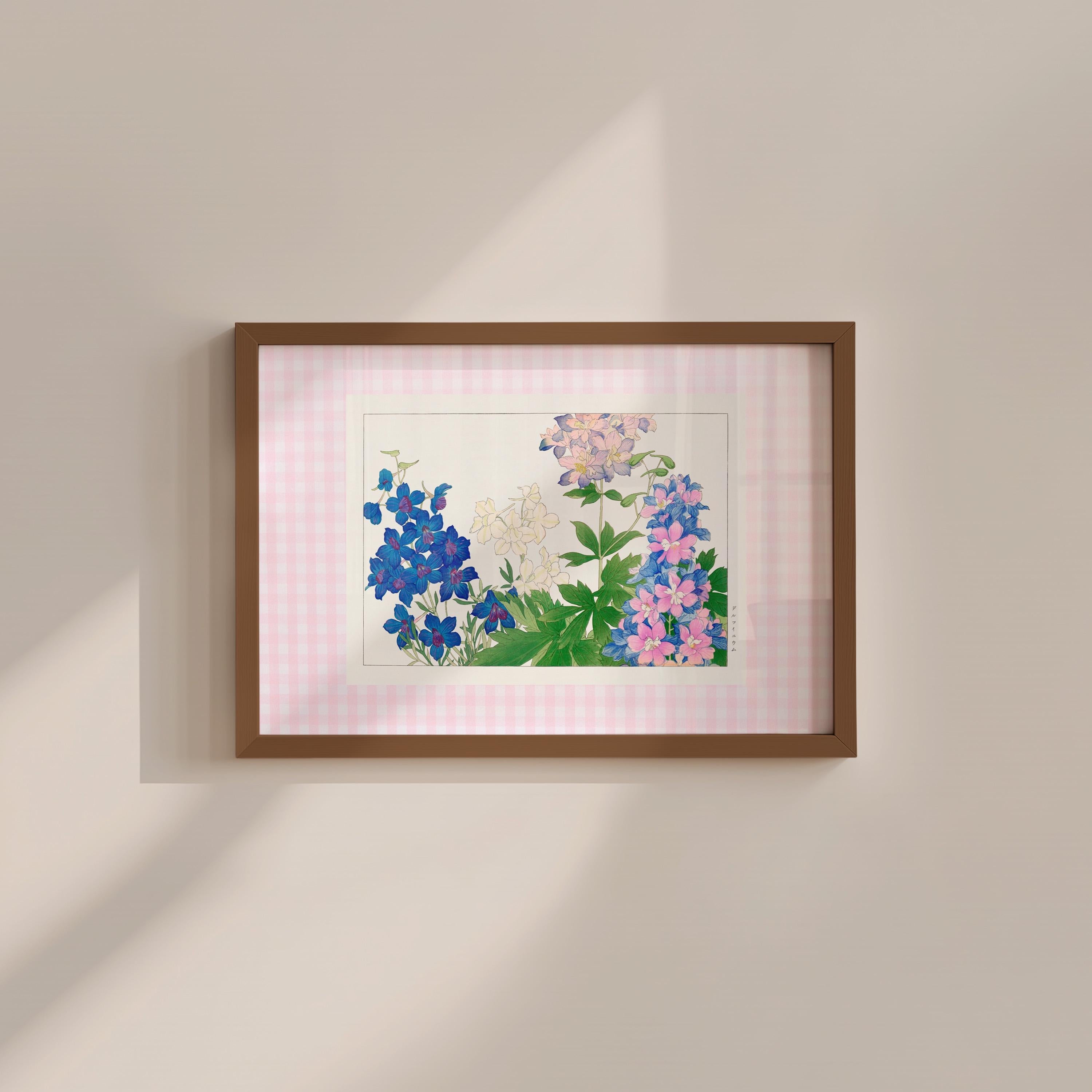 Blue and Purple Floral Gingham Vintage Digital Art