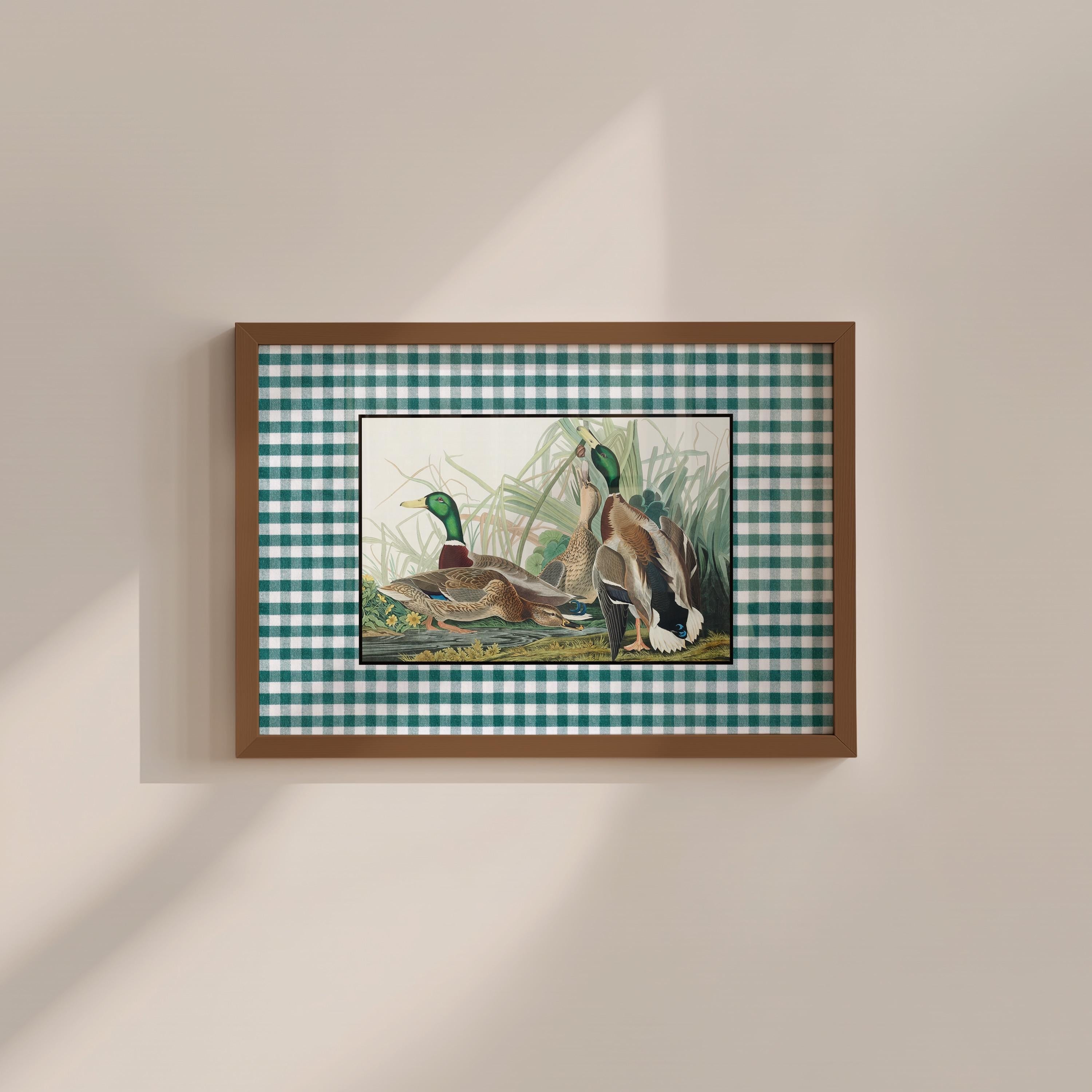 Green Mallards Checker Vintage Digital Art Print