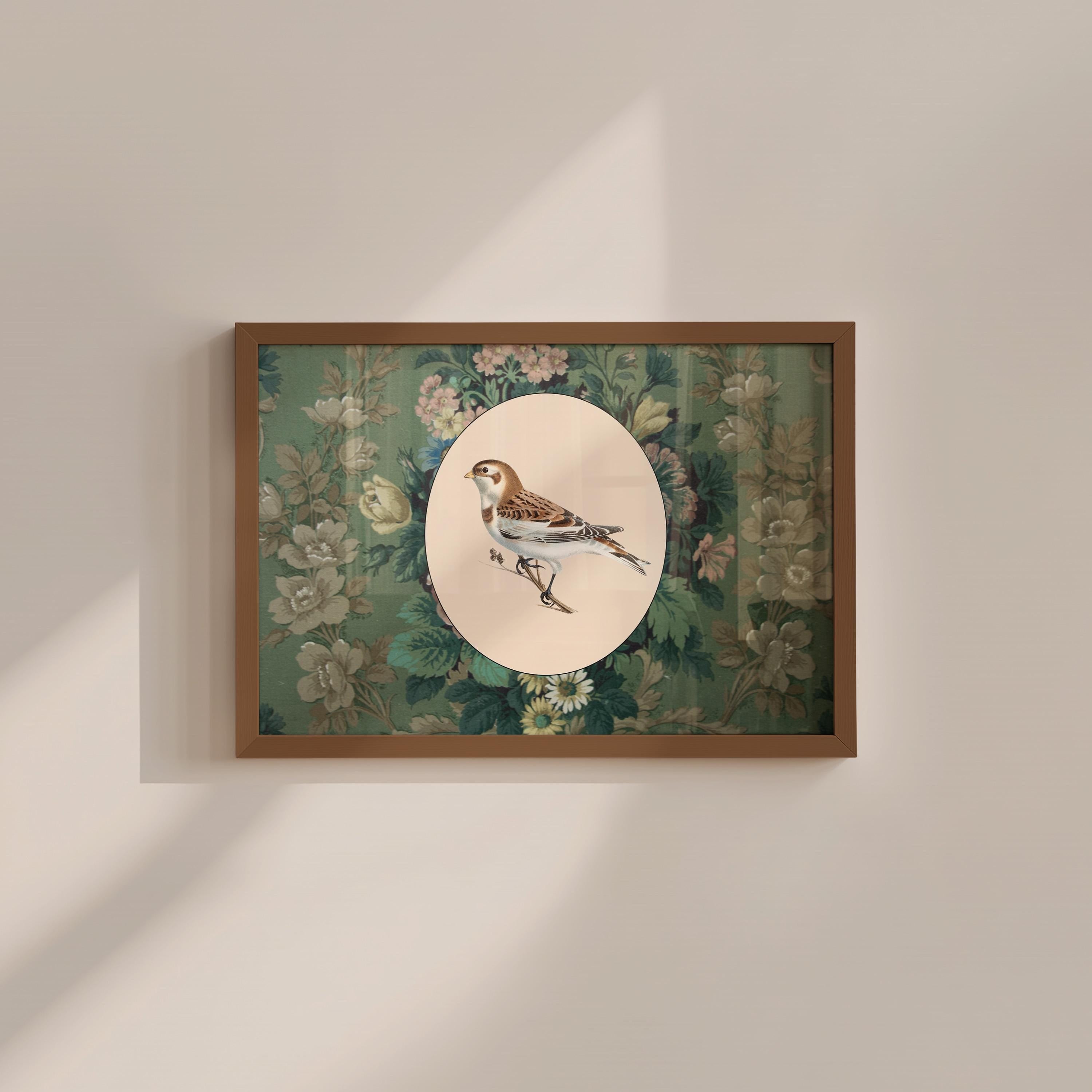 Floral Green Bird Vintage Digital Art Print