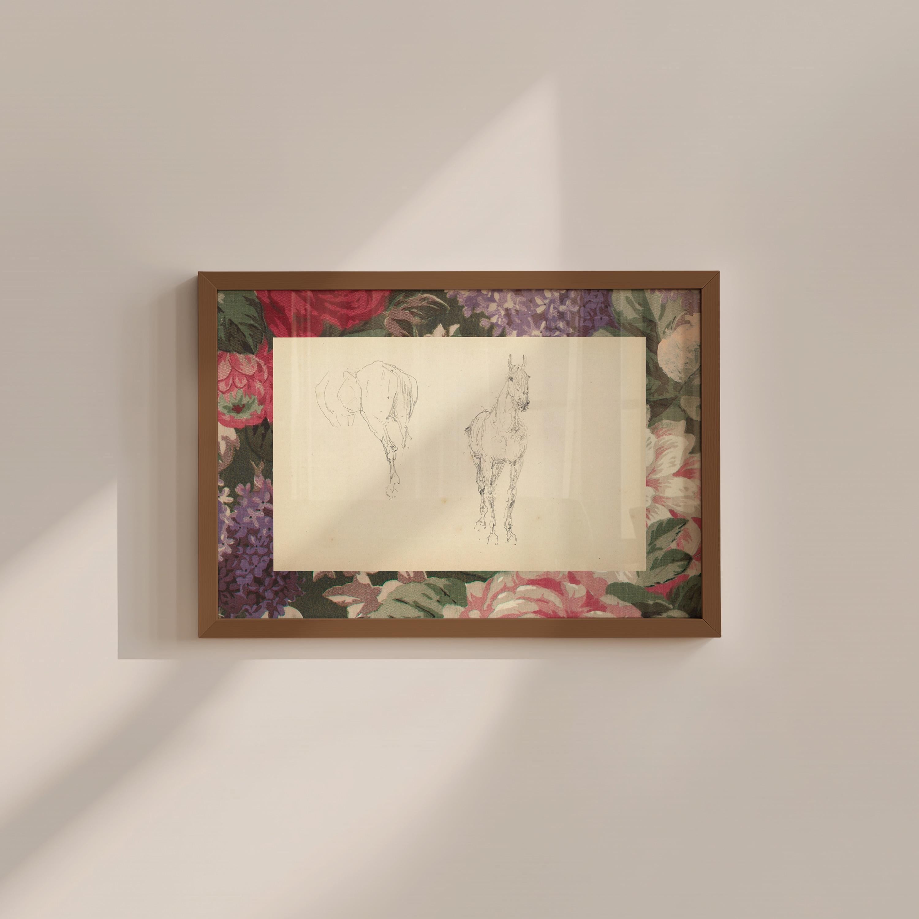 Vintage Horse Sketch Florals Digital Art Print