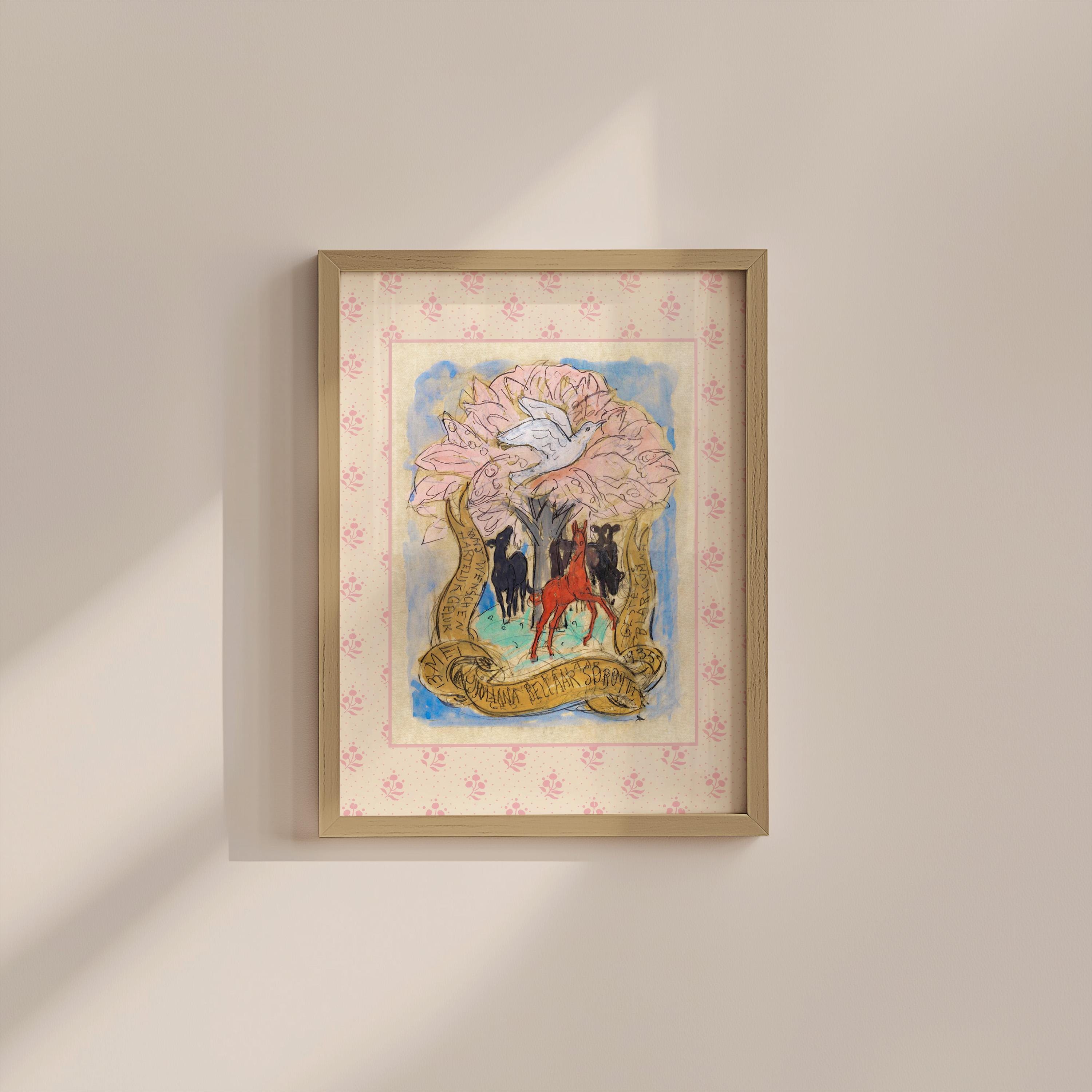 Pink Horses Vintage Painting Digital Art Print