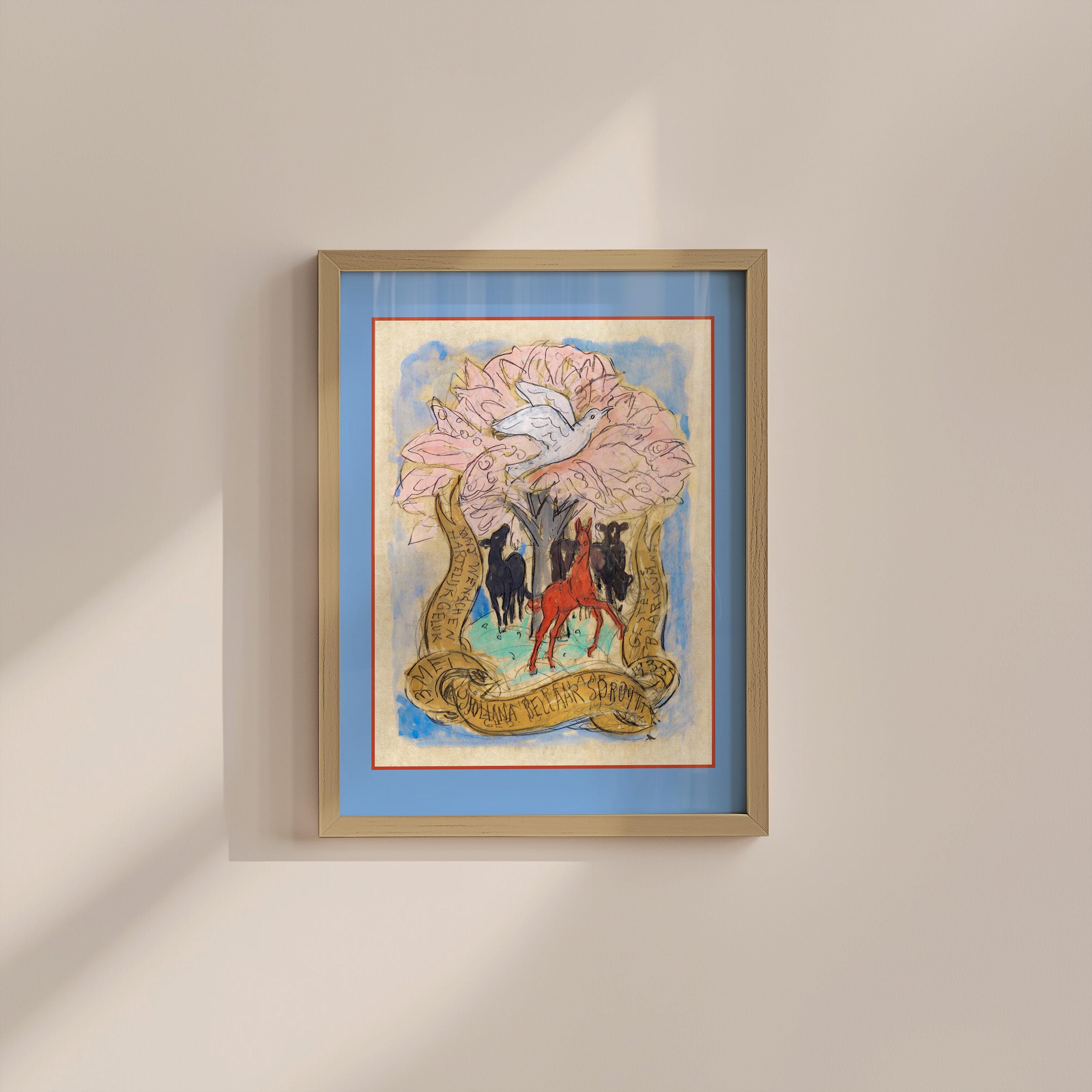 Pink Horses Blue Background Vintage Painting Digital Art Print