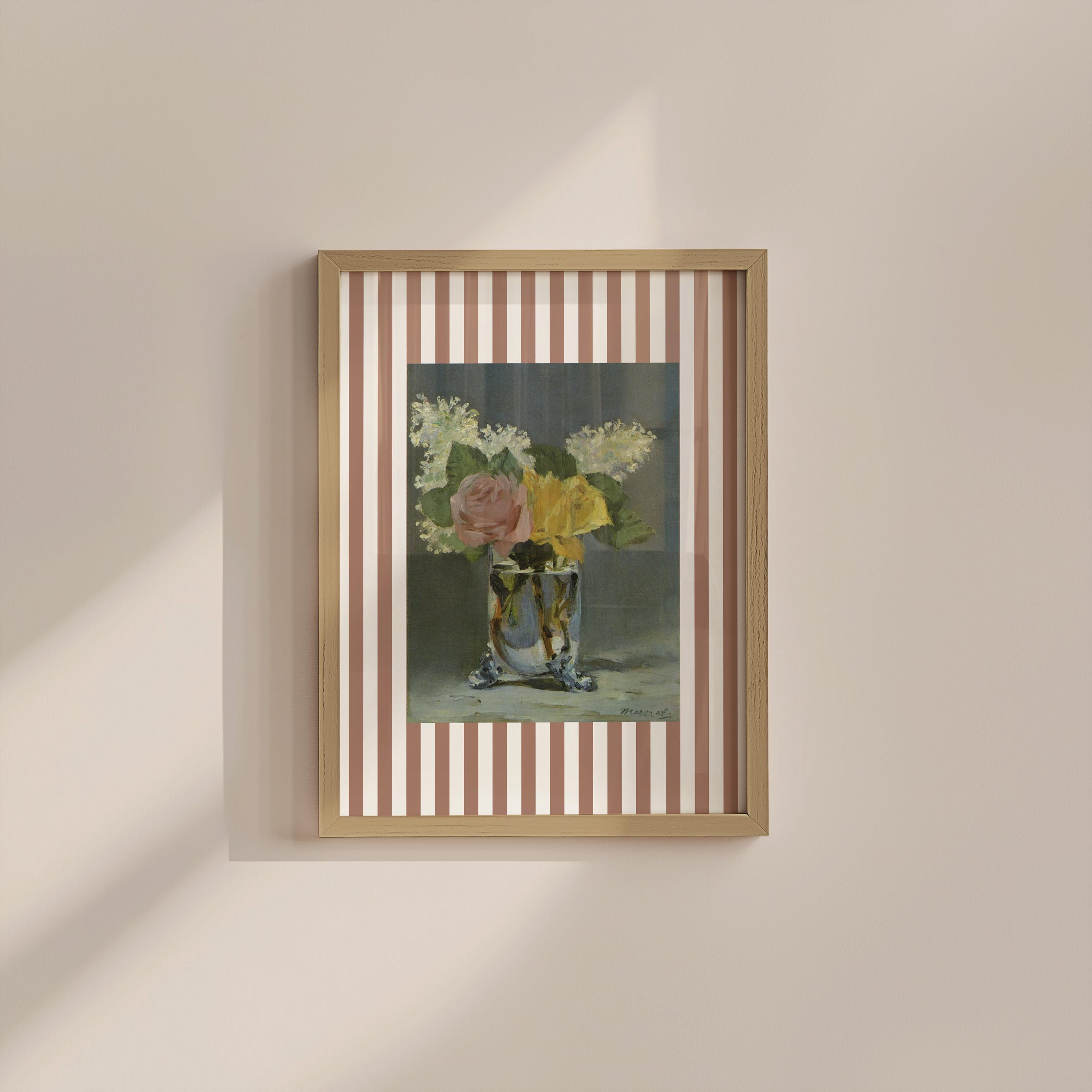 Vintage Floral Bouquet Striped Digital Art Print