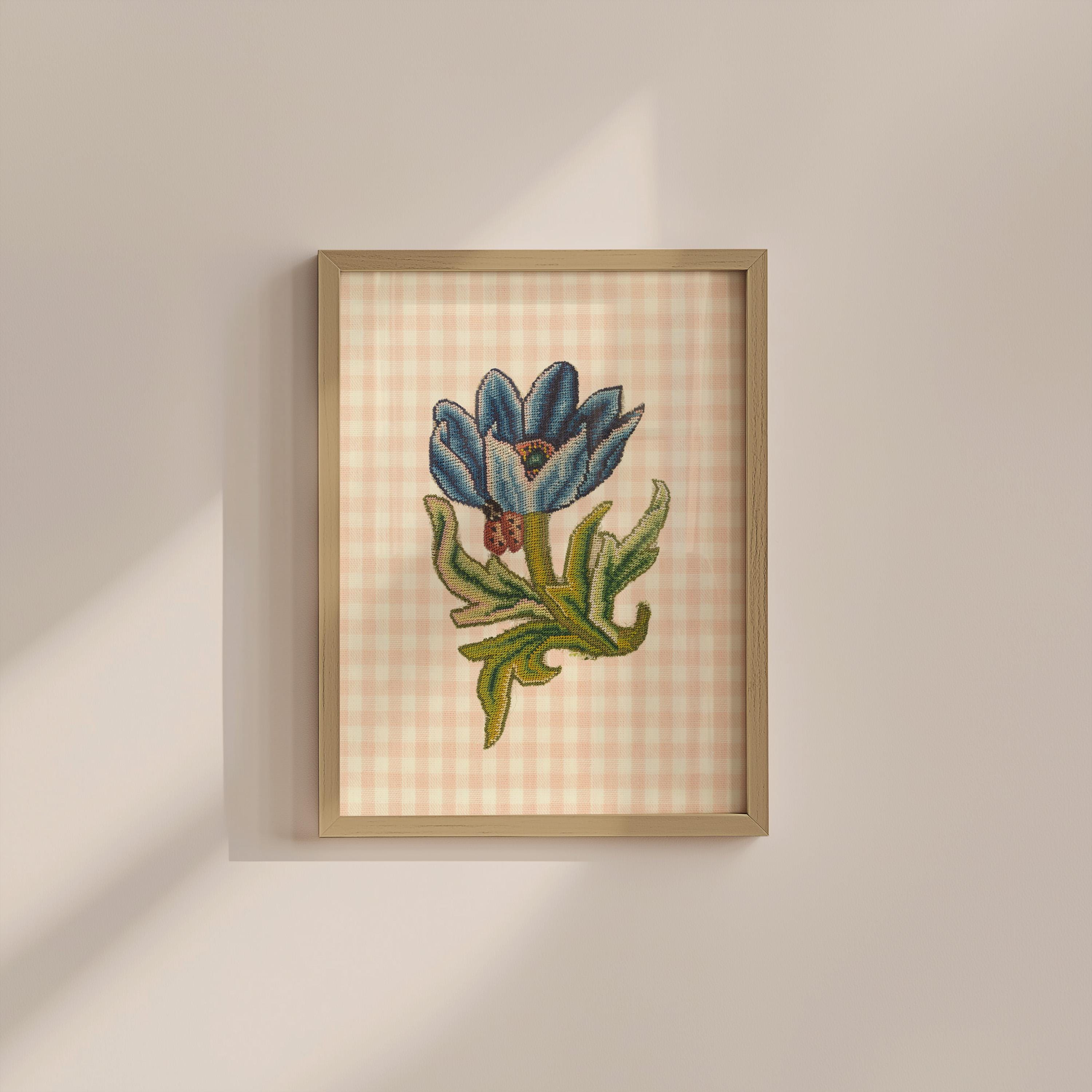 Needlepoint Blue Floral Vintage Digital Art Print