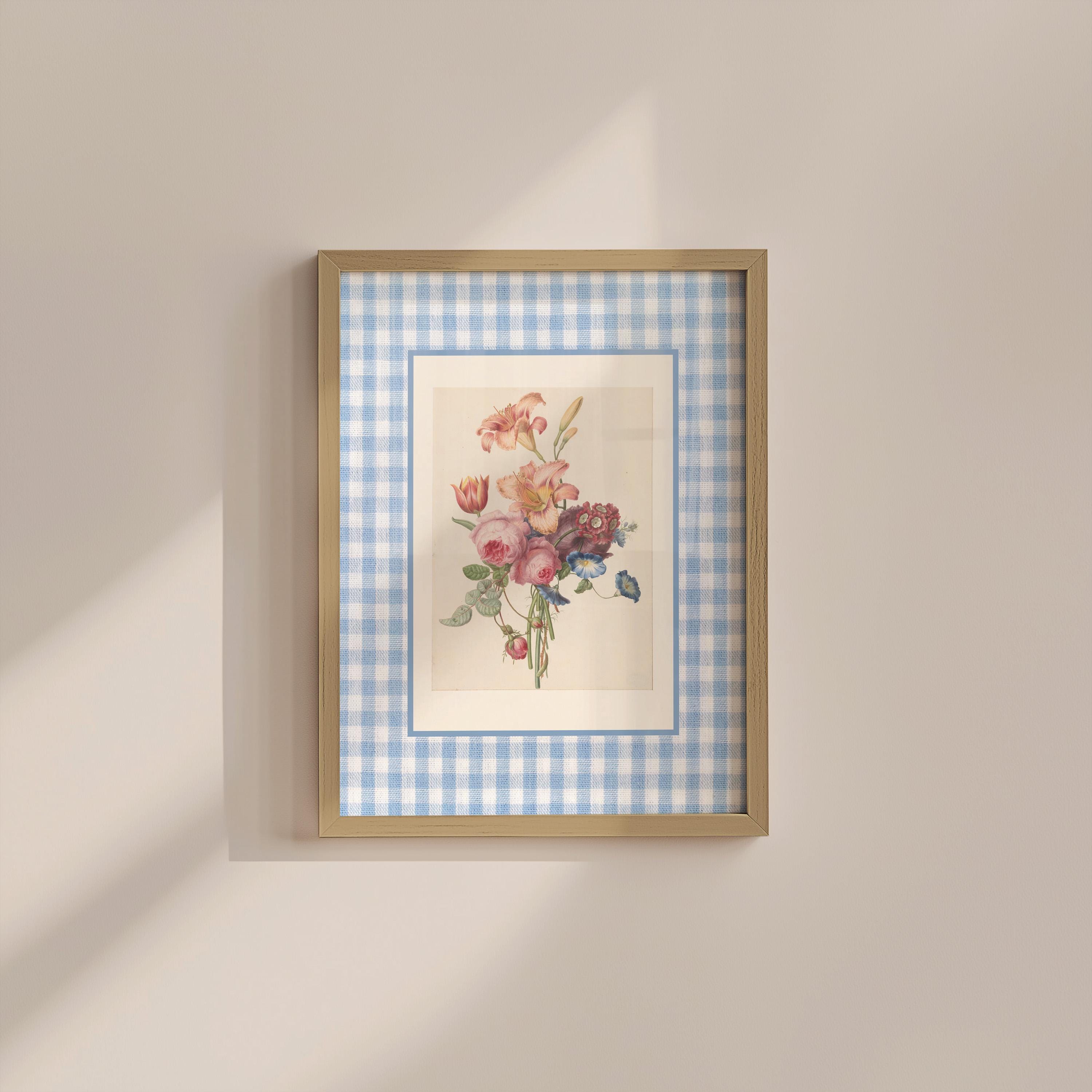 Blue Gingham Bouquet Vintage Digital Art Print