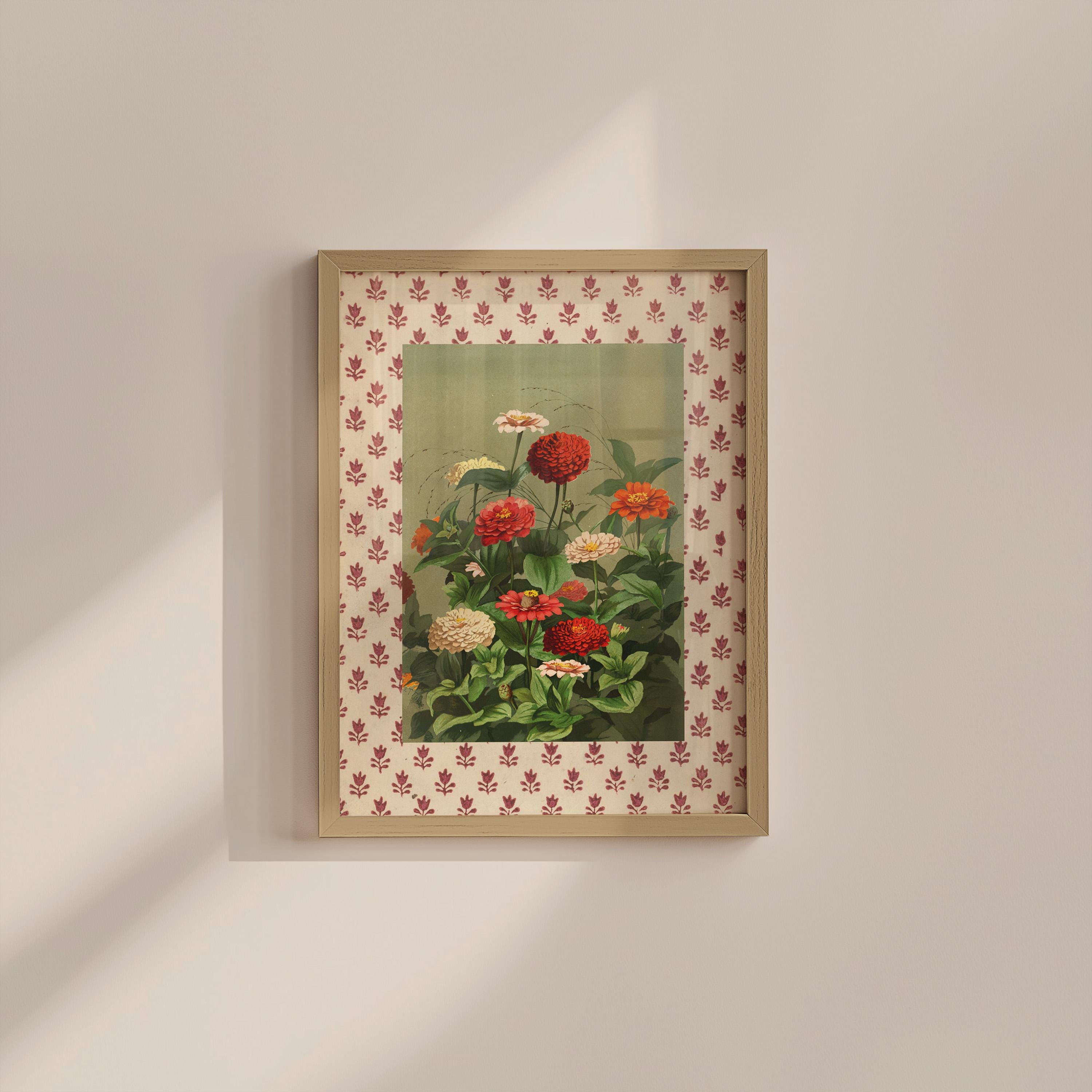 Vintage Red and Green Floral Digital Art Print