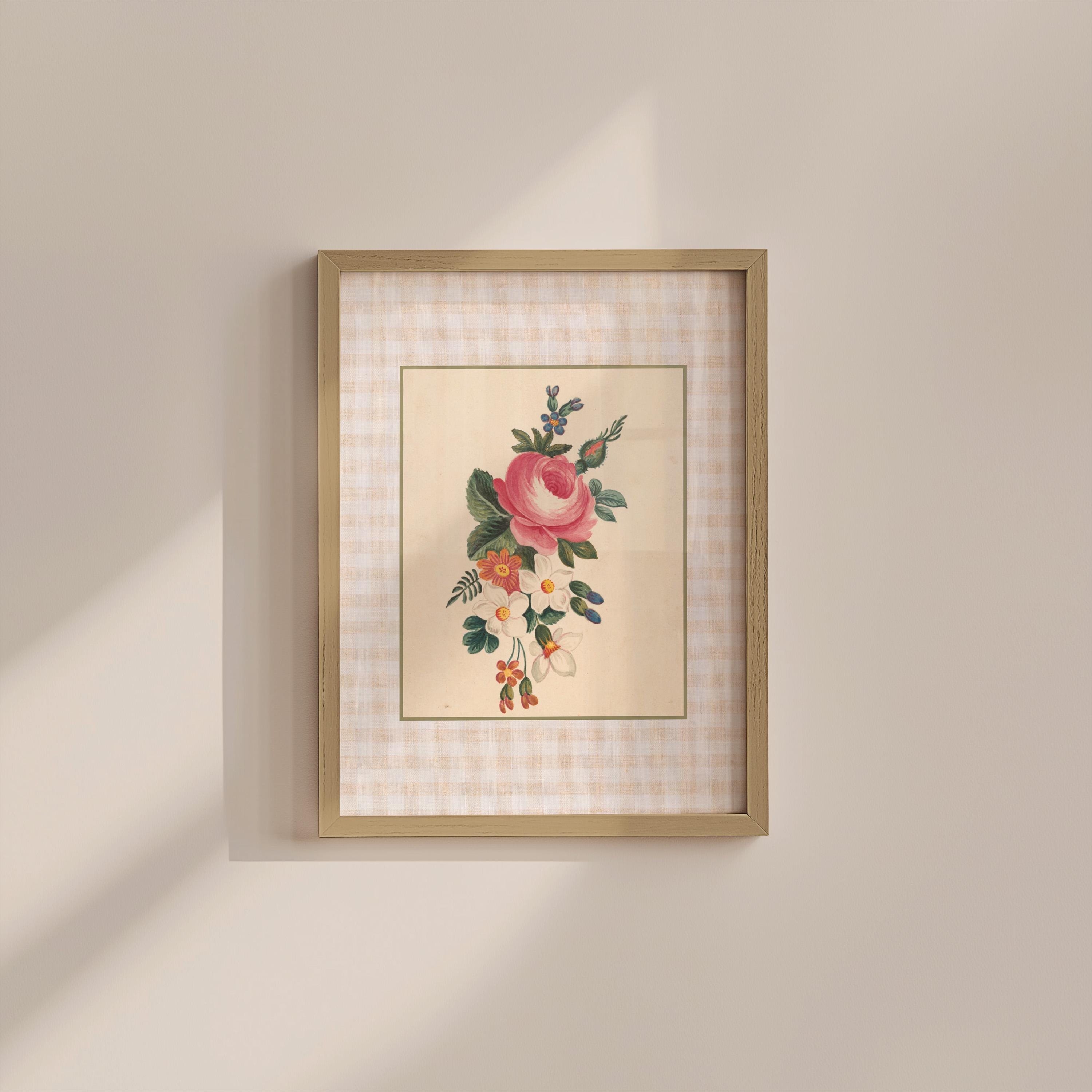 Pink Gingham Bouquet Vintage Digital Art Print