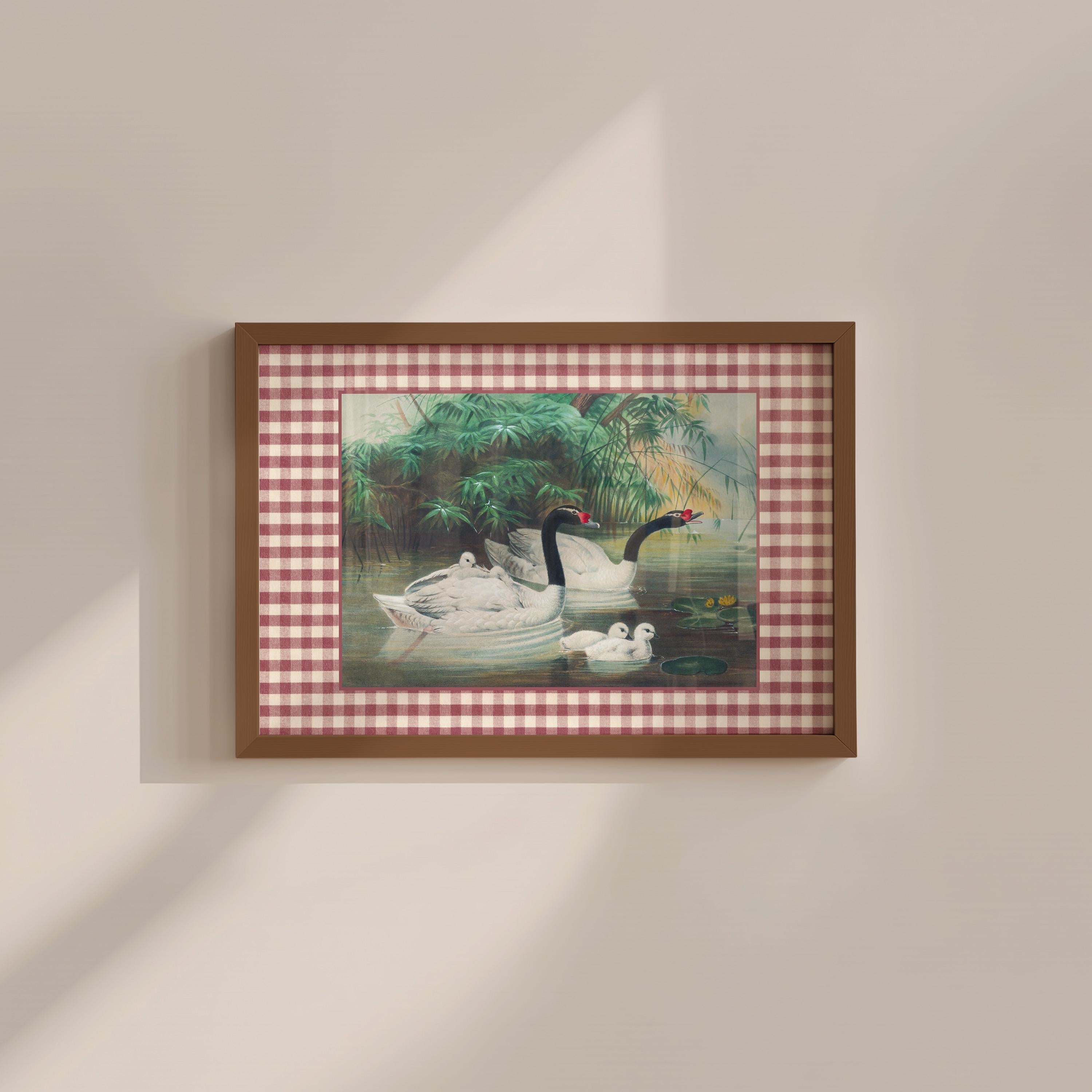 Red Gingham Swan Vintage Digital Art Print