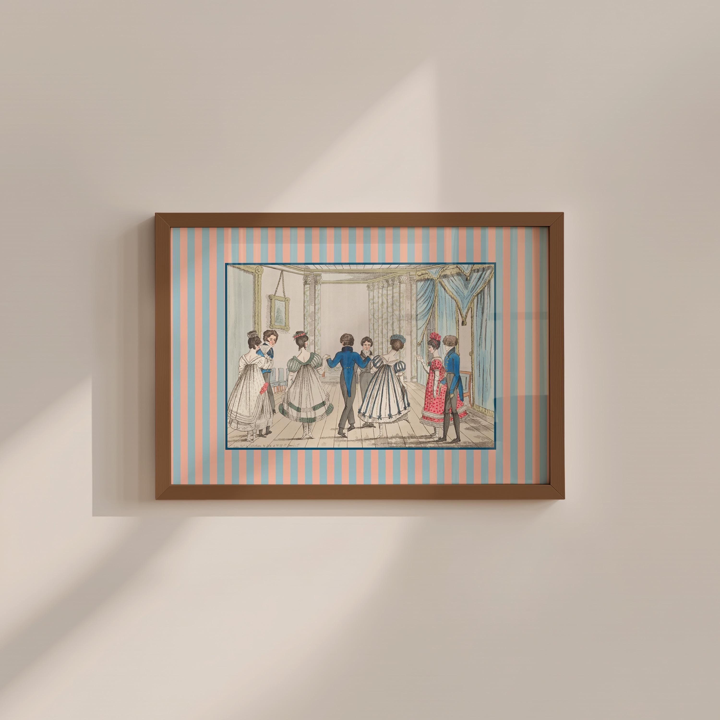Party Scene Illustration Blue Vintage Digital Art Print