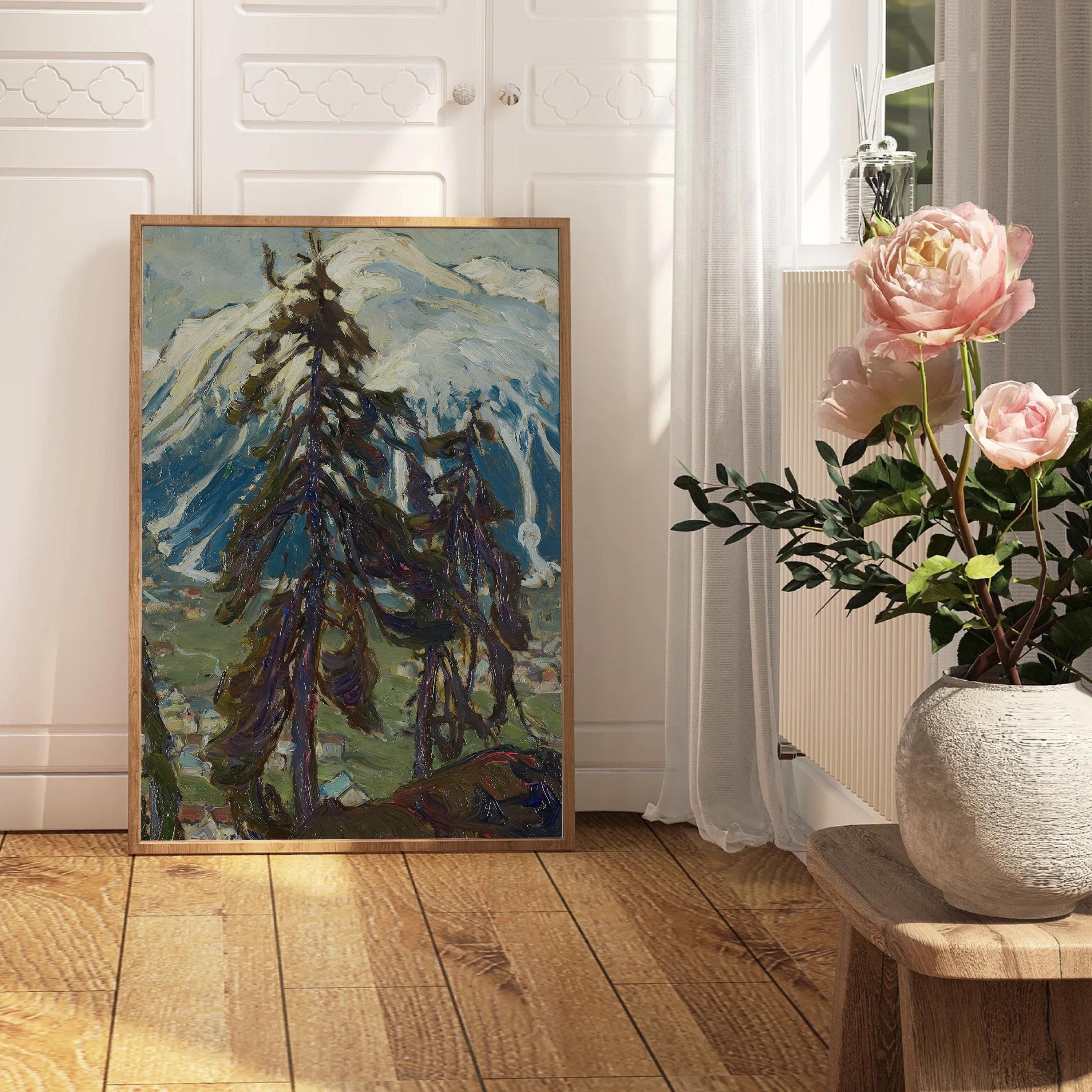 Vintage Landscape Oil Painting Digital Download, Farmhouse Wall Decor, Classic Rustic Home Decor Printable Artwork, Pine Trees, Winter Scene