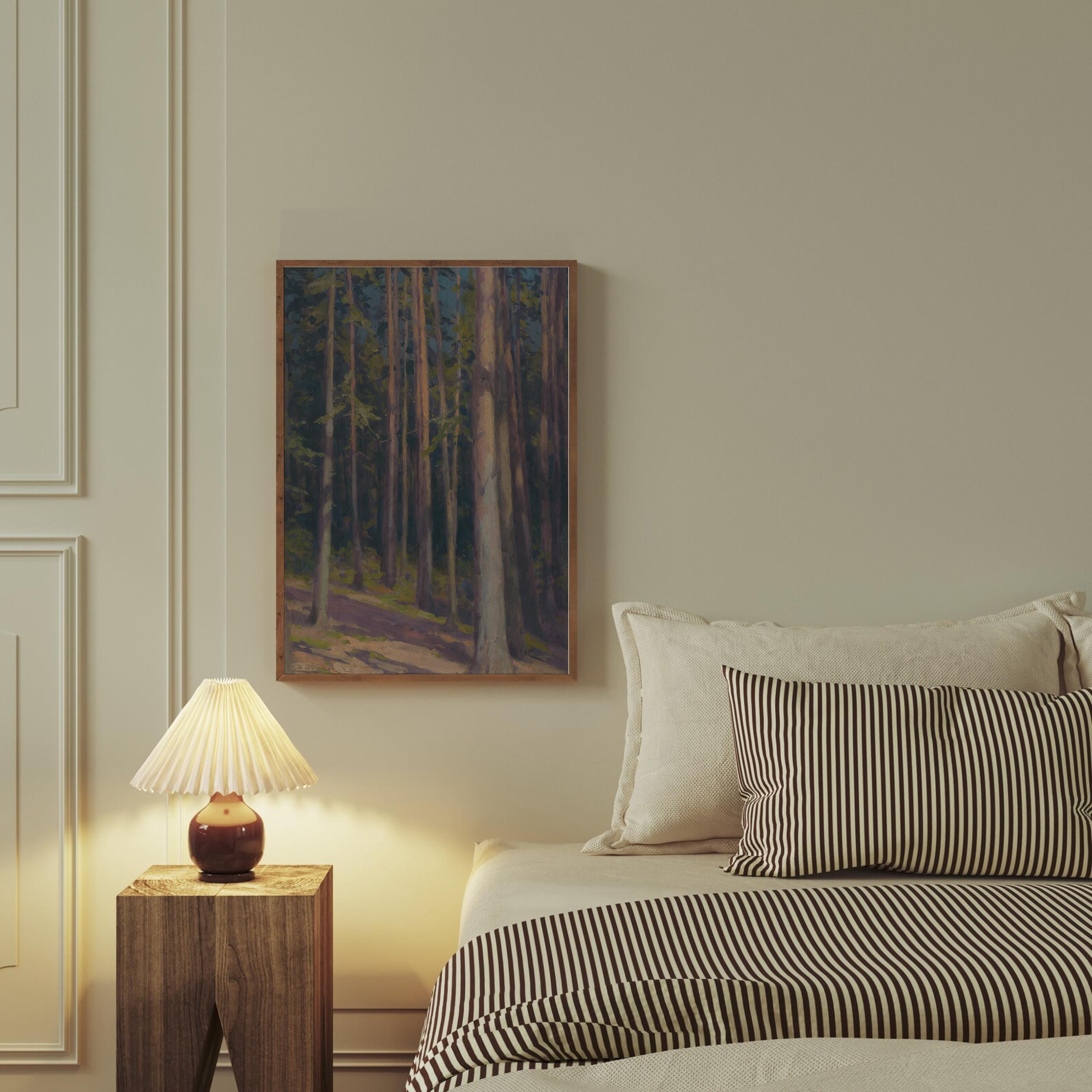 Vintage Landscape Oil Painting Digital Download, Farmhouse Wall Decor, Classic Rustic Home Decor Printable Artwork, Fir Trees, Forest Scene