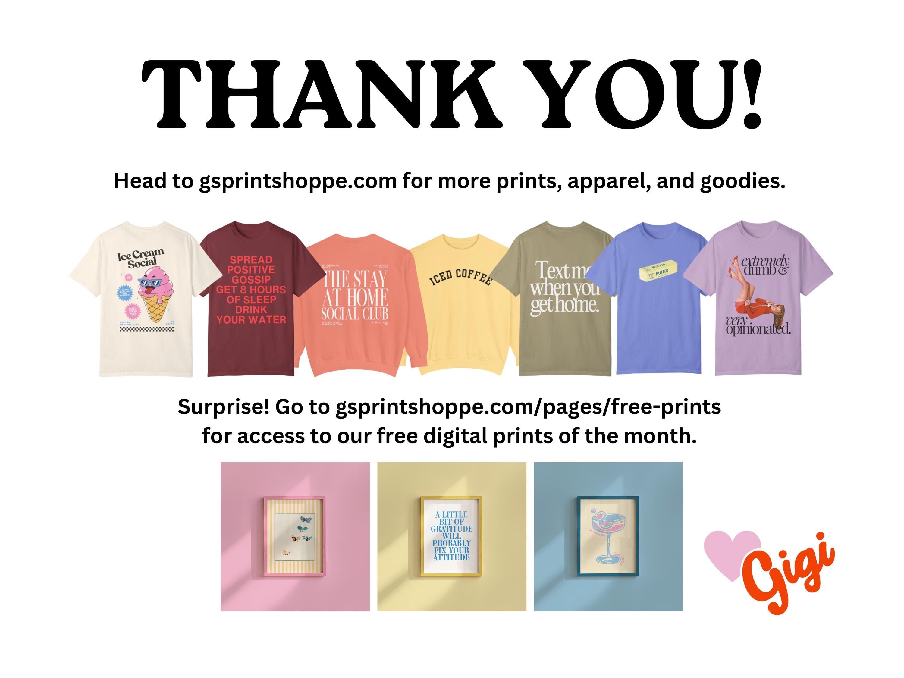 gs print shoppe, gsprintshoppe.com, Thank you card featuring gsprintshoppe.com t-shirts and framed wall art prints with a link to free digital downloads and shop collections — colorful lifestyle branding by gs print shoppe