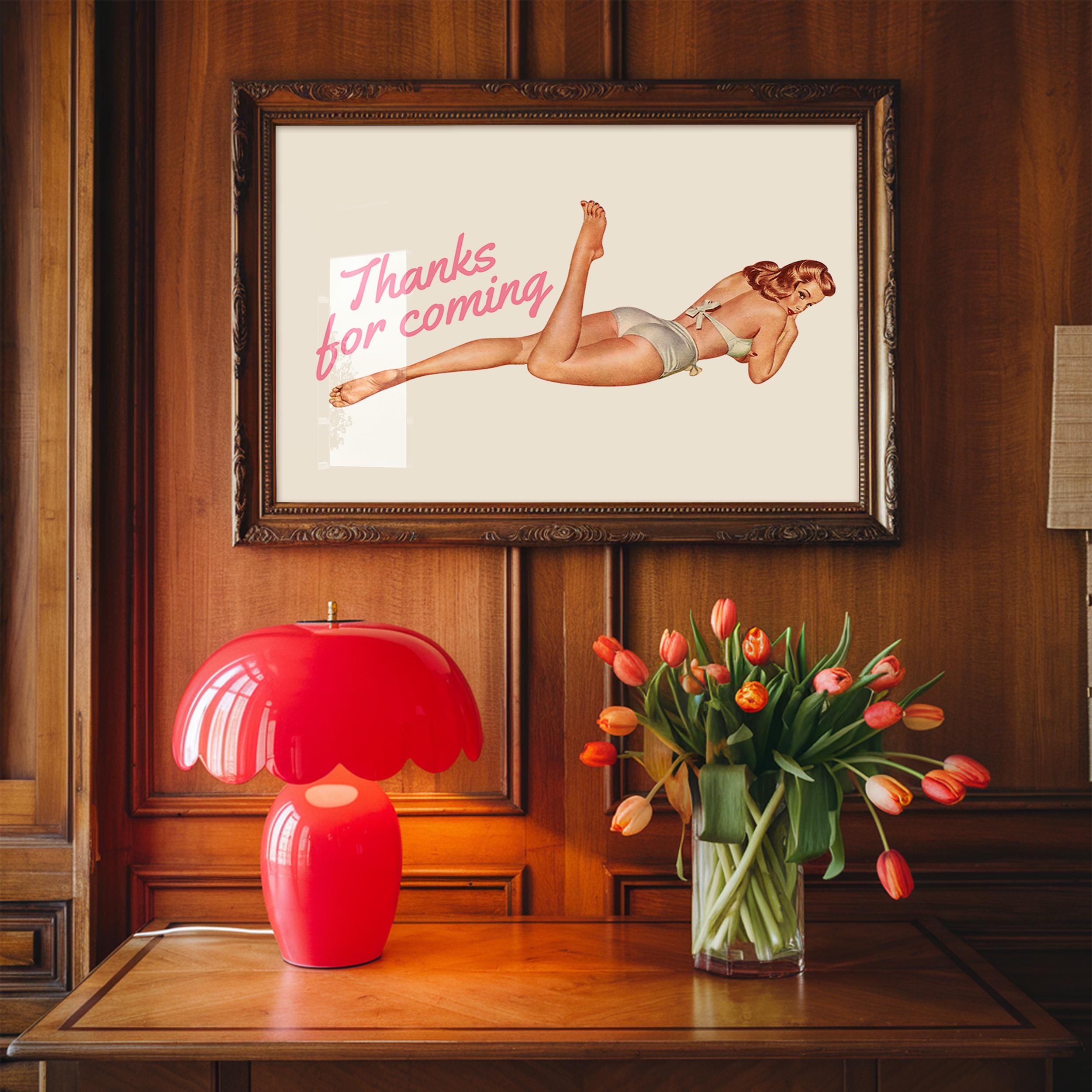 Retro Pin Up Pink Art Print: Thanks For Coming Sassy Bedroom Wall Decor (Digital Download)