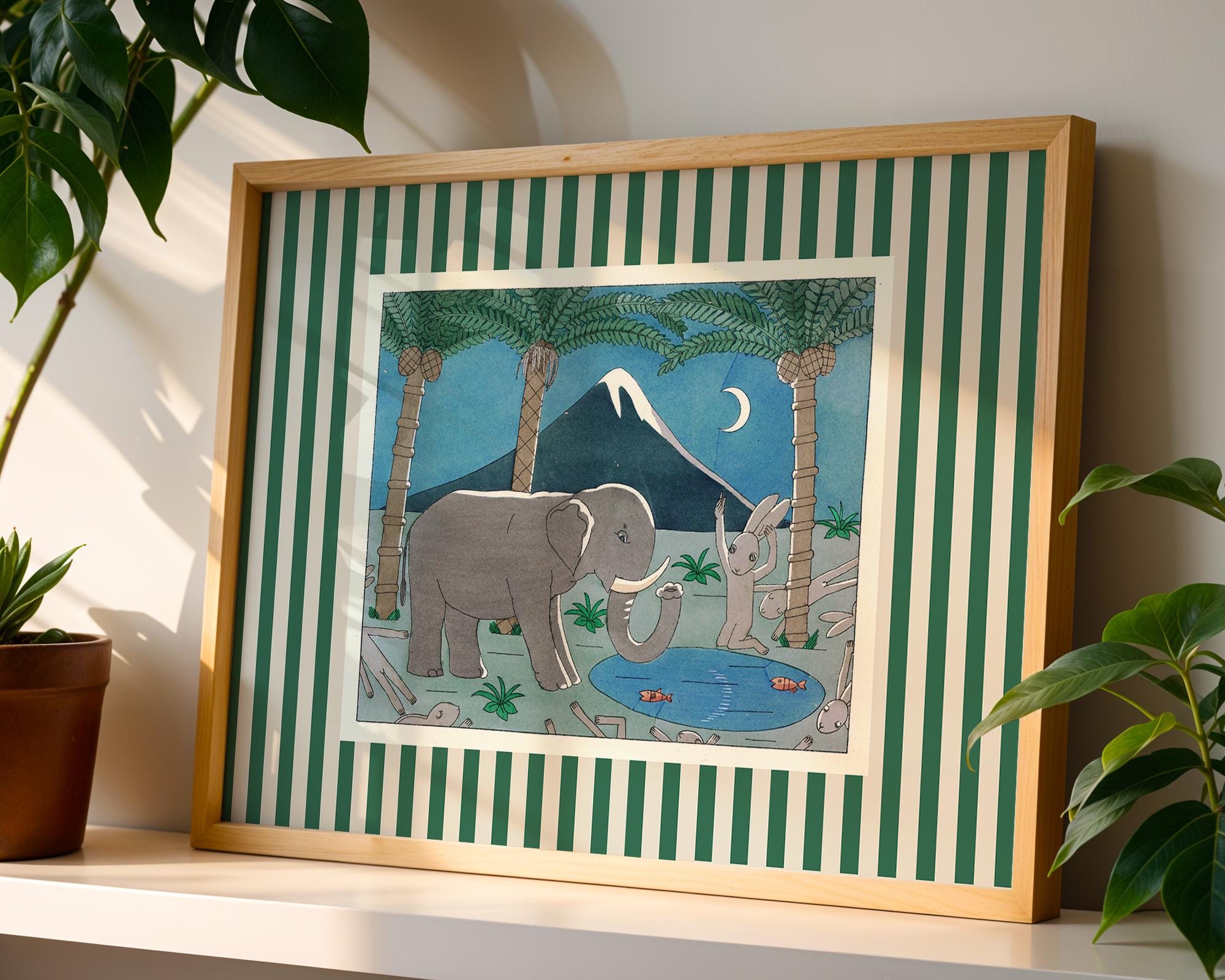 Bunnies Art Print Poster, Vintage Illustration Print, Trendy Retro Print, Rabbit Illustration, Mid Century Print, Modern Wall Art, Elephant
