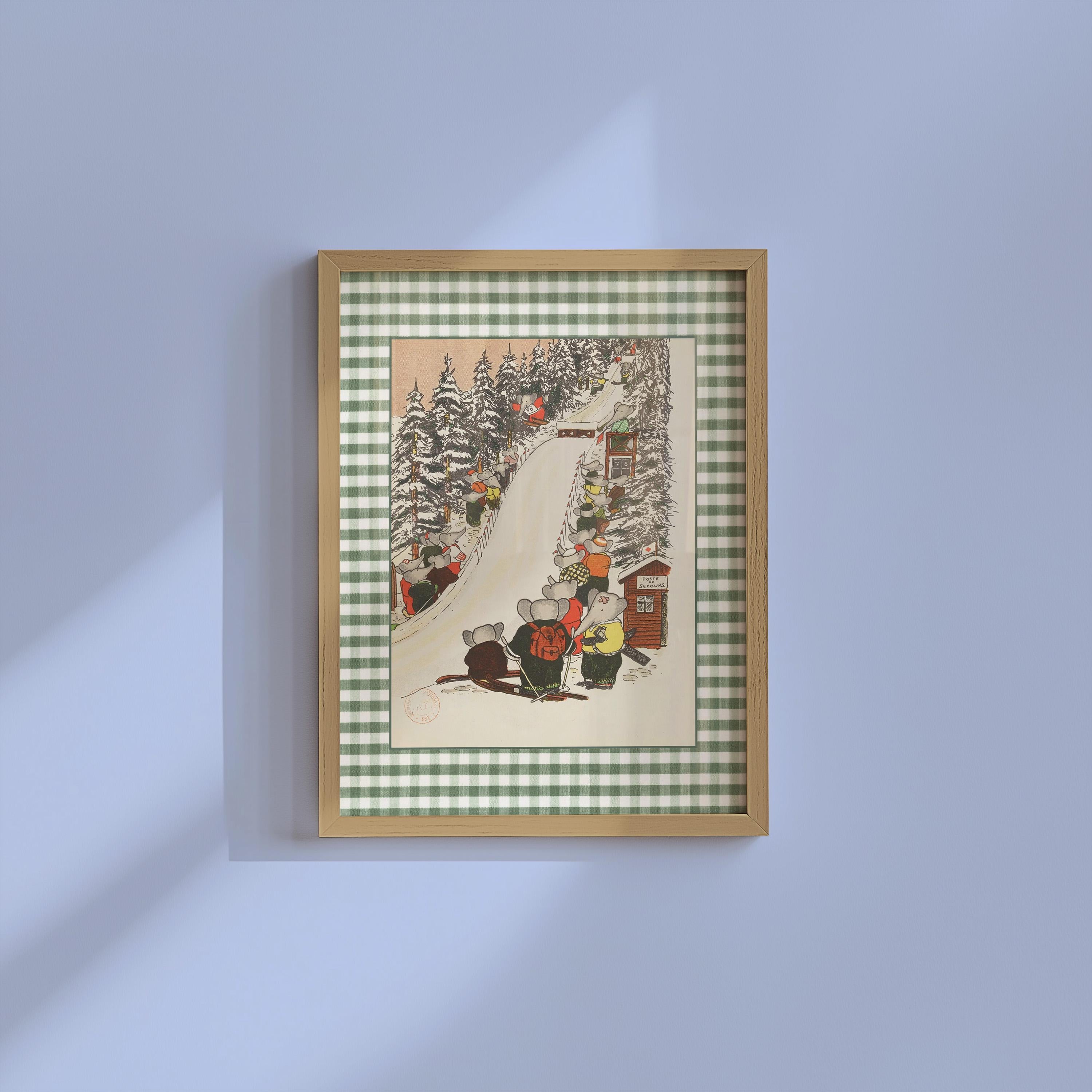 Babar Ski Wall Art, Babar Skiing Illustration, Babar Elephant Print, Baby Shower Gift, Kid's Room, Babar Art, Nursery Art, Winter Art