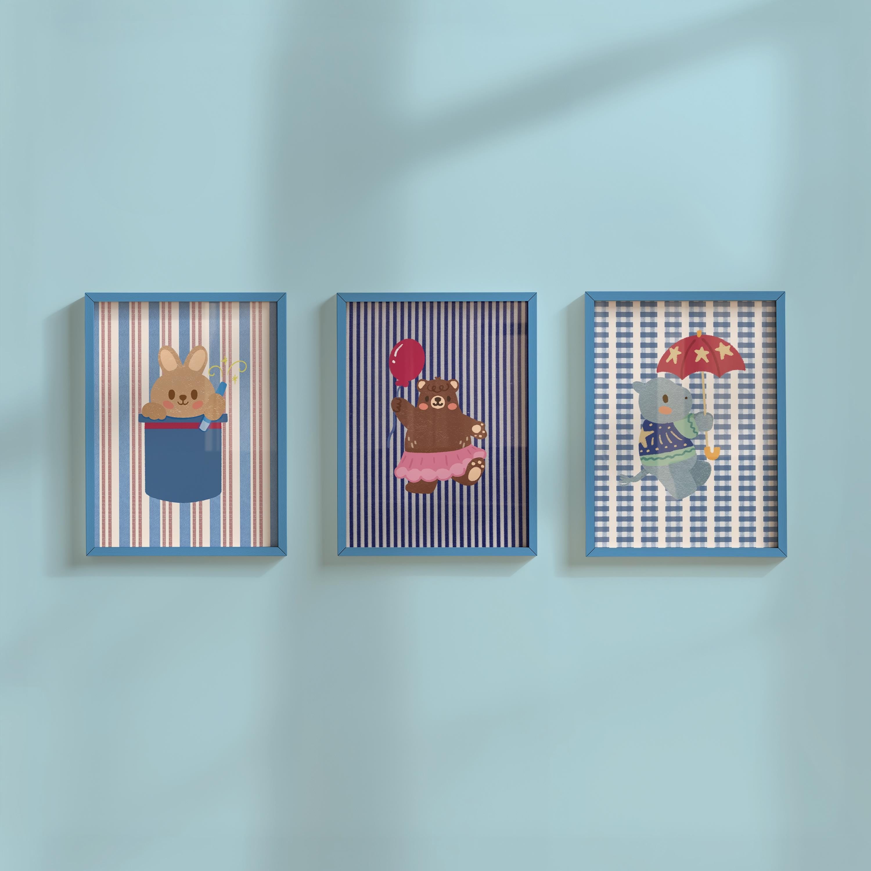 Set of three circus kids room digital art prints, circus animals, quirky posters, bold kids room decor, trendy nursery art prints
