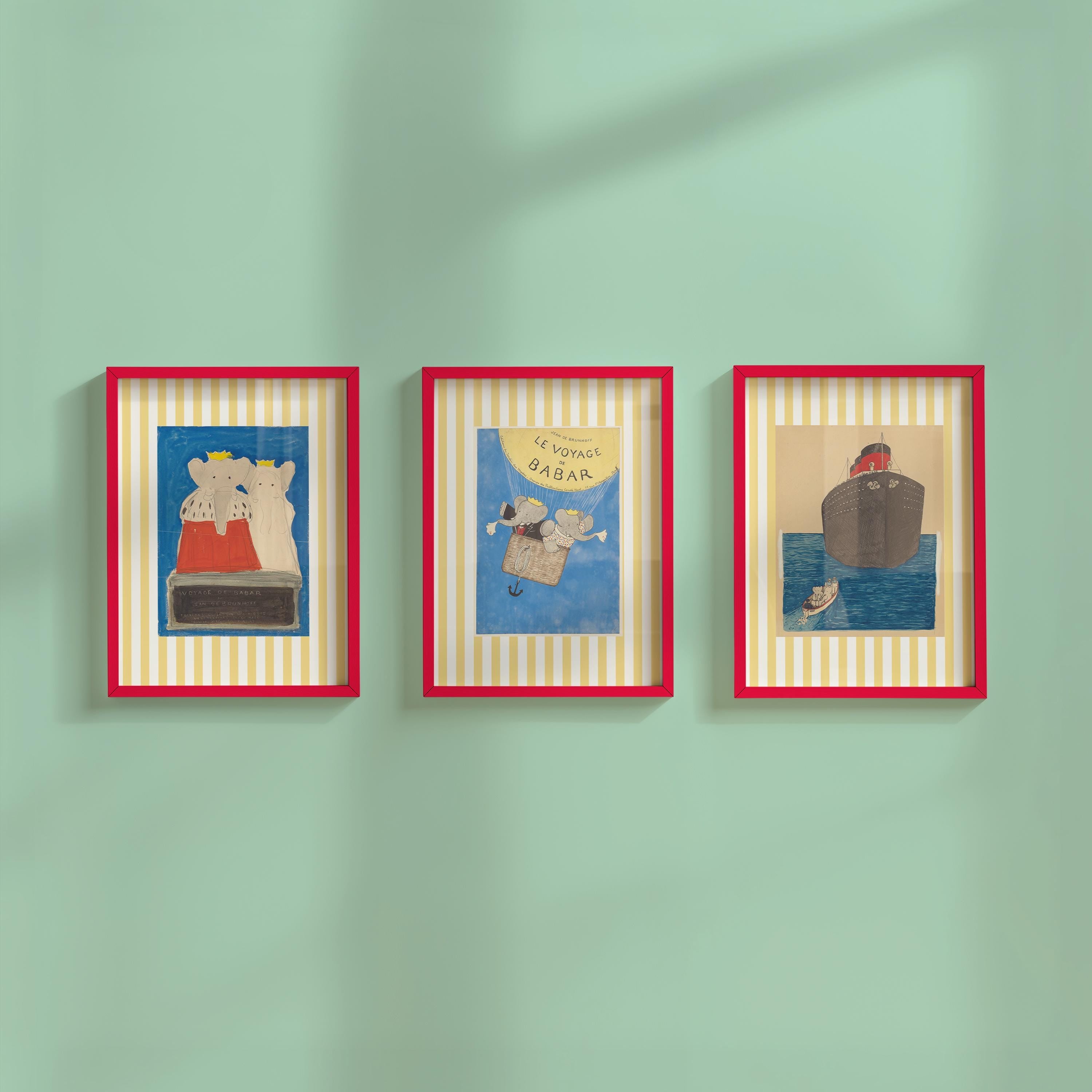 Vintage Babar Nursery Prints DIGITAL DOWNLOADS, Set of 3 Green gingham prints, Kids Room Decor, Literary Elephant Wall Art, kids Room