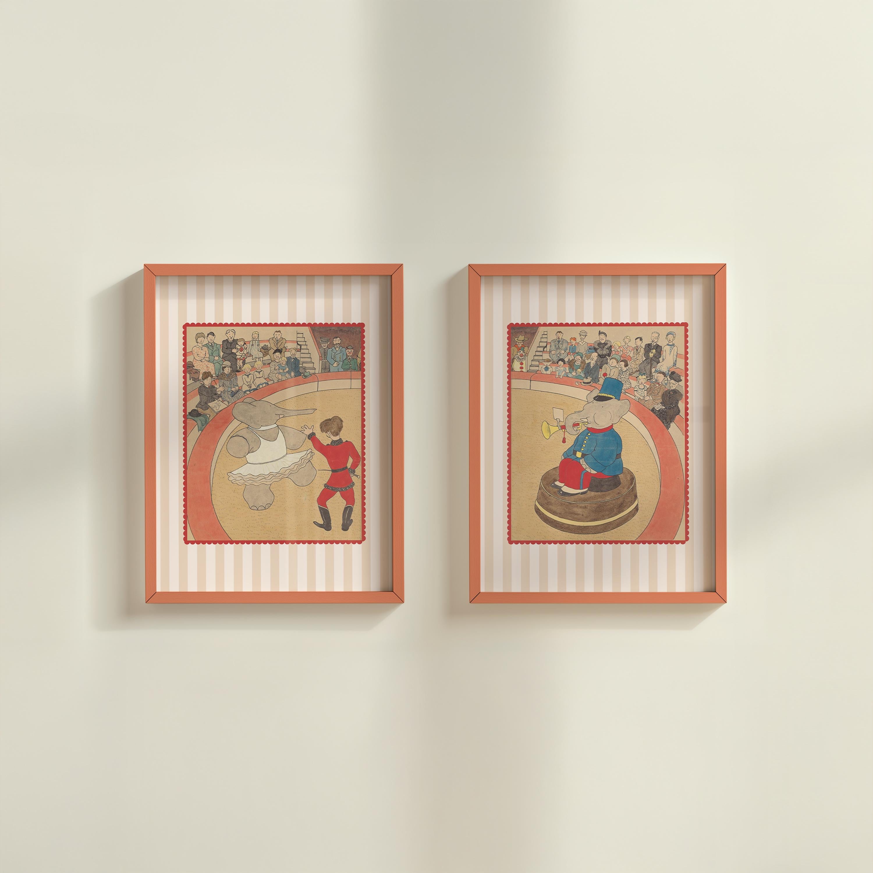 Vintage Babar Nursery Prints DIGITAL DOWNLOADS, Set of 2 striped prints, Kids Room Decor, Literary Elephant Wall Art, alphabet art