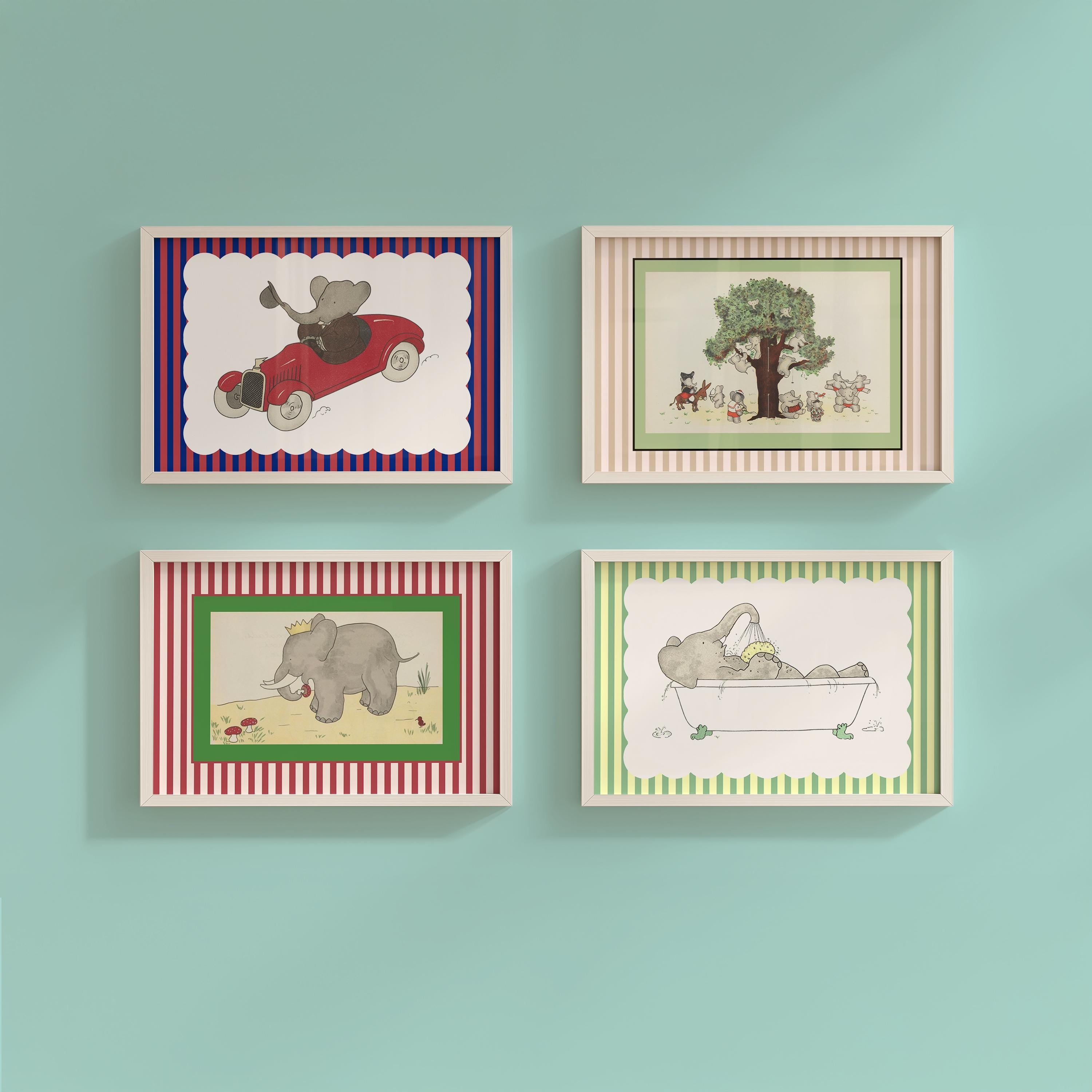 Vintage Babar Nursery Prints DIGITAL DOWNLOADS, Set of 4 striped prints, Kids Room Decor, Literary Elephant Wall Art, kids Room