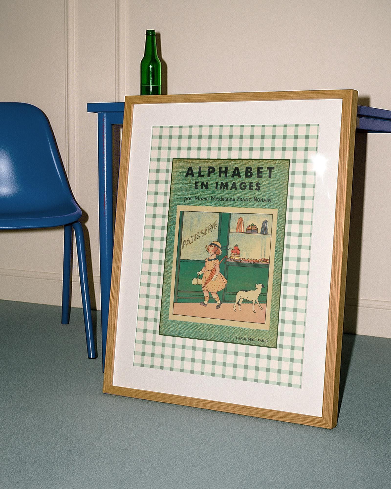 Vintage ABC Poster Print, Sage Green ABC poster, Nursery Artwork, DIGITAL art print, gingham wall art, french nursery art, patisserie art