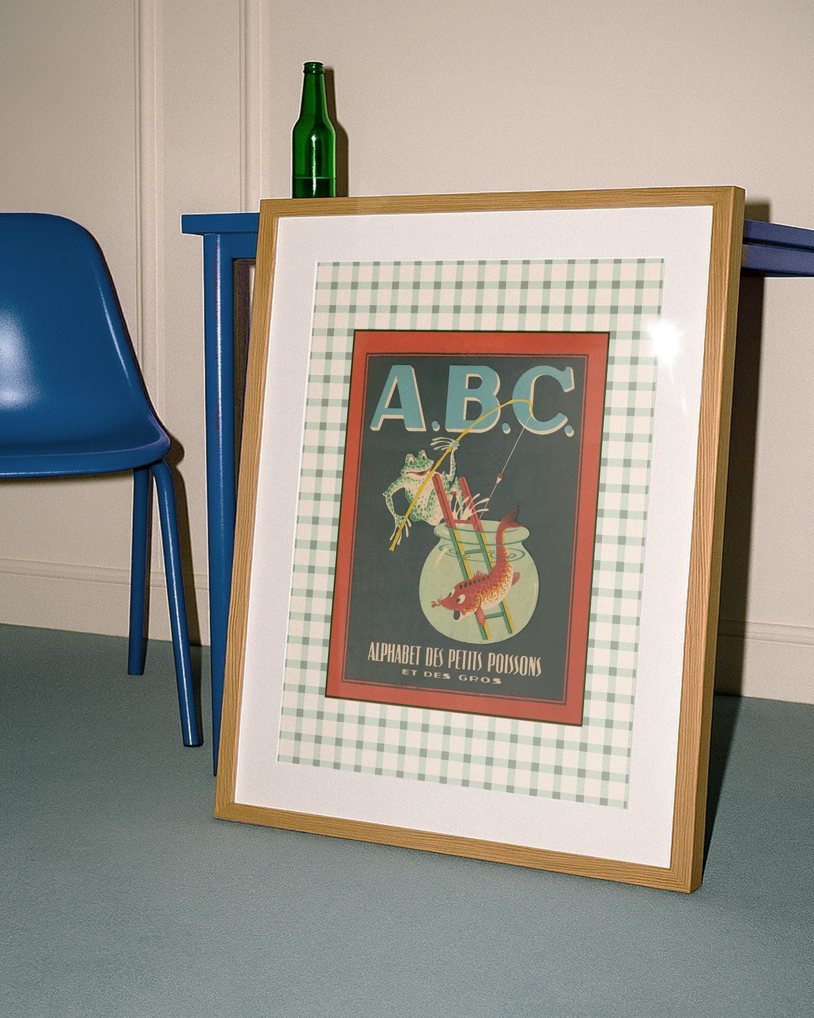 Vintage ABC Poster Print, Sage Green Alphabet Chart, Nursery Letter Artwork, Digital Art Print, Fish Decor, French art prints, french decor