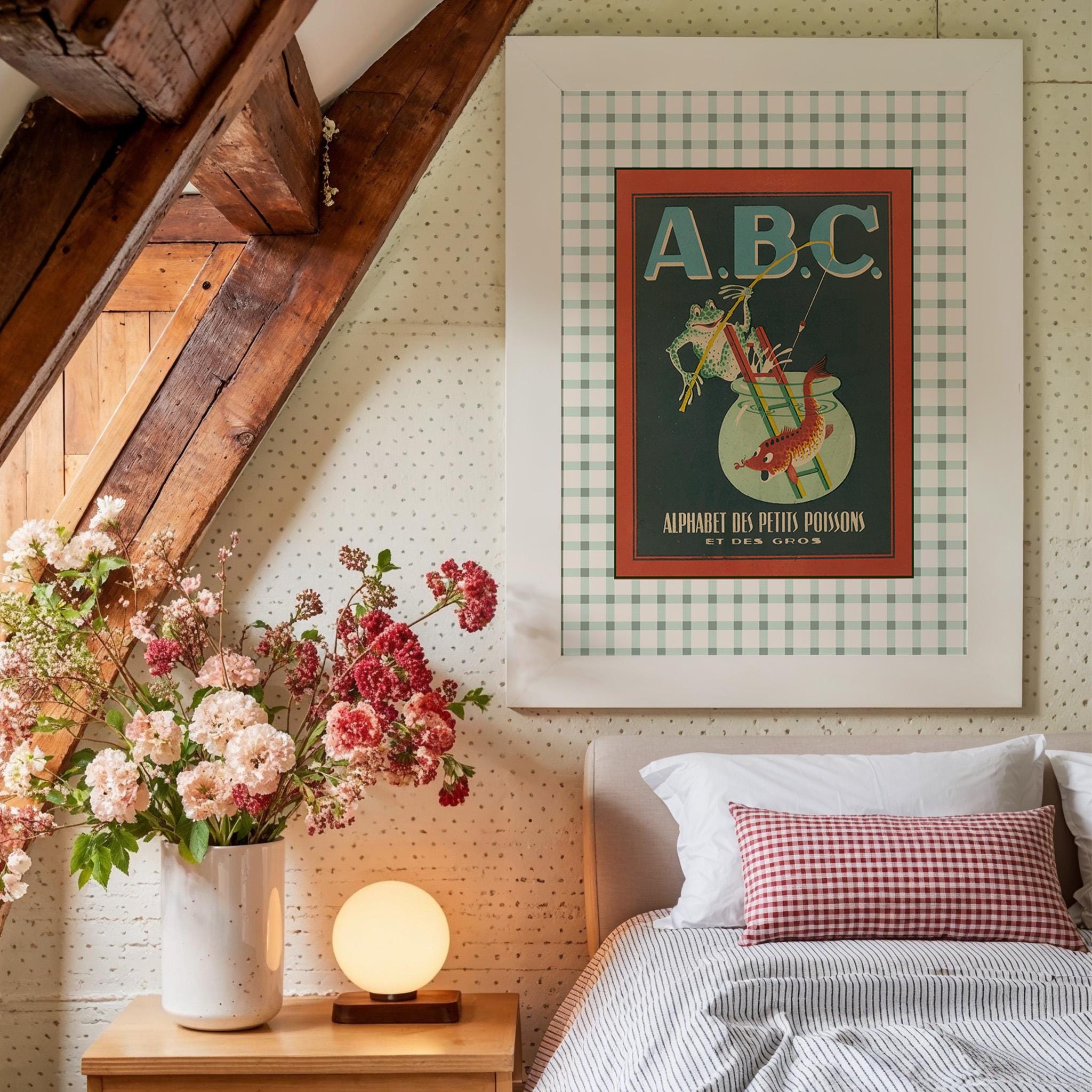 Vintage ABC Poster Print, Sage Green Alphabet Chart, Nursery Letter Artwork, Digital Art Print, Fish Decor, French art prints, french decor