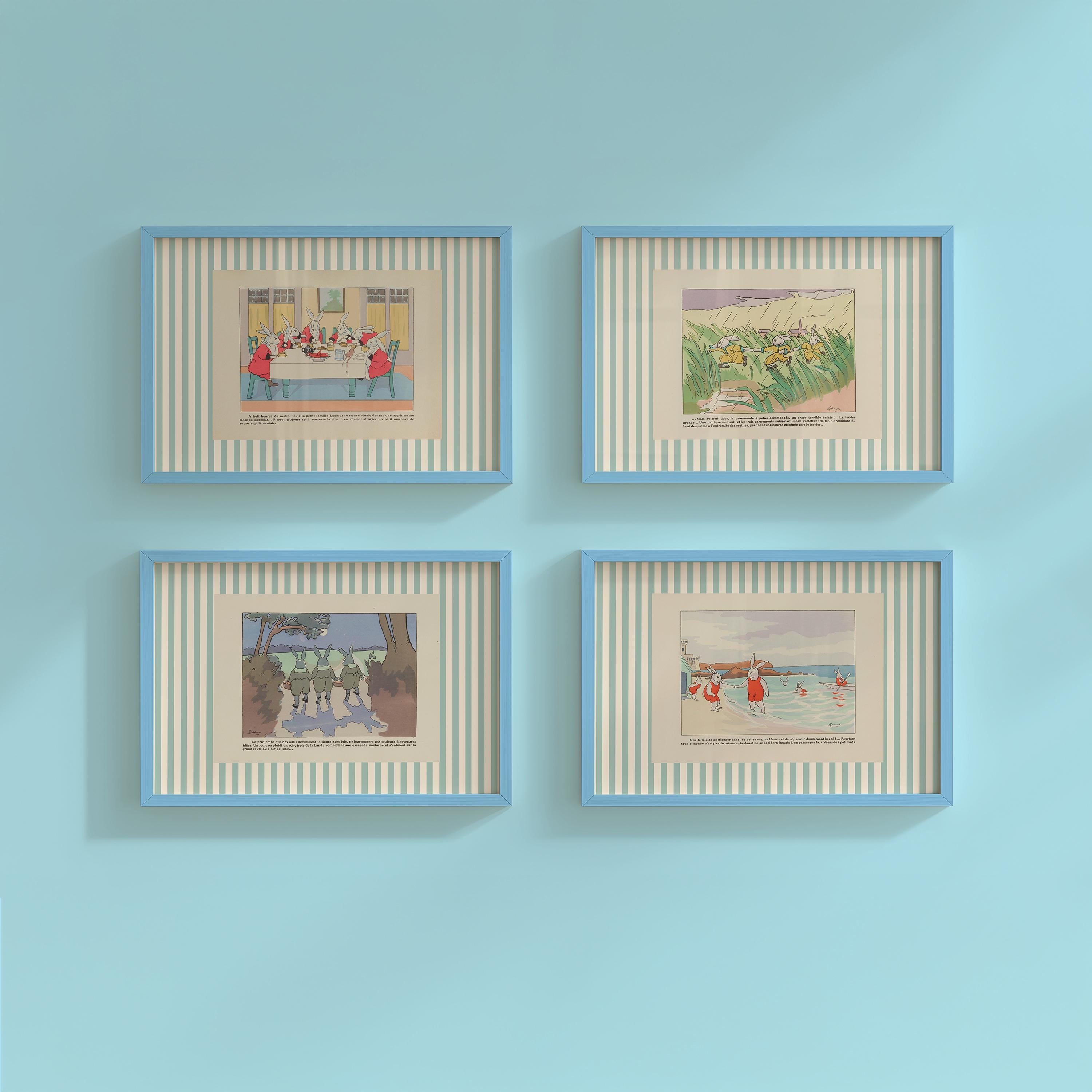 Vintage Illustration Nursery DIGITAL DOWNLOADS, Set of 4 striped prints, Kids Room Decor, Bunny drawing art, rabbit art print, bunnies decor
