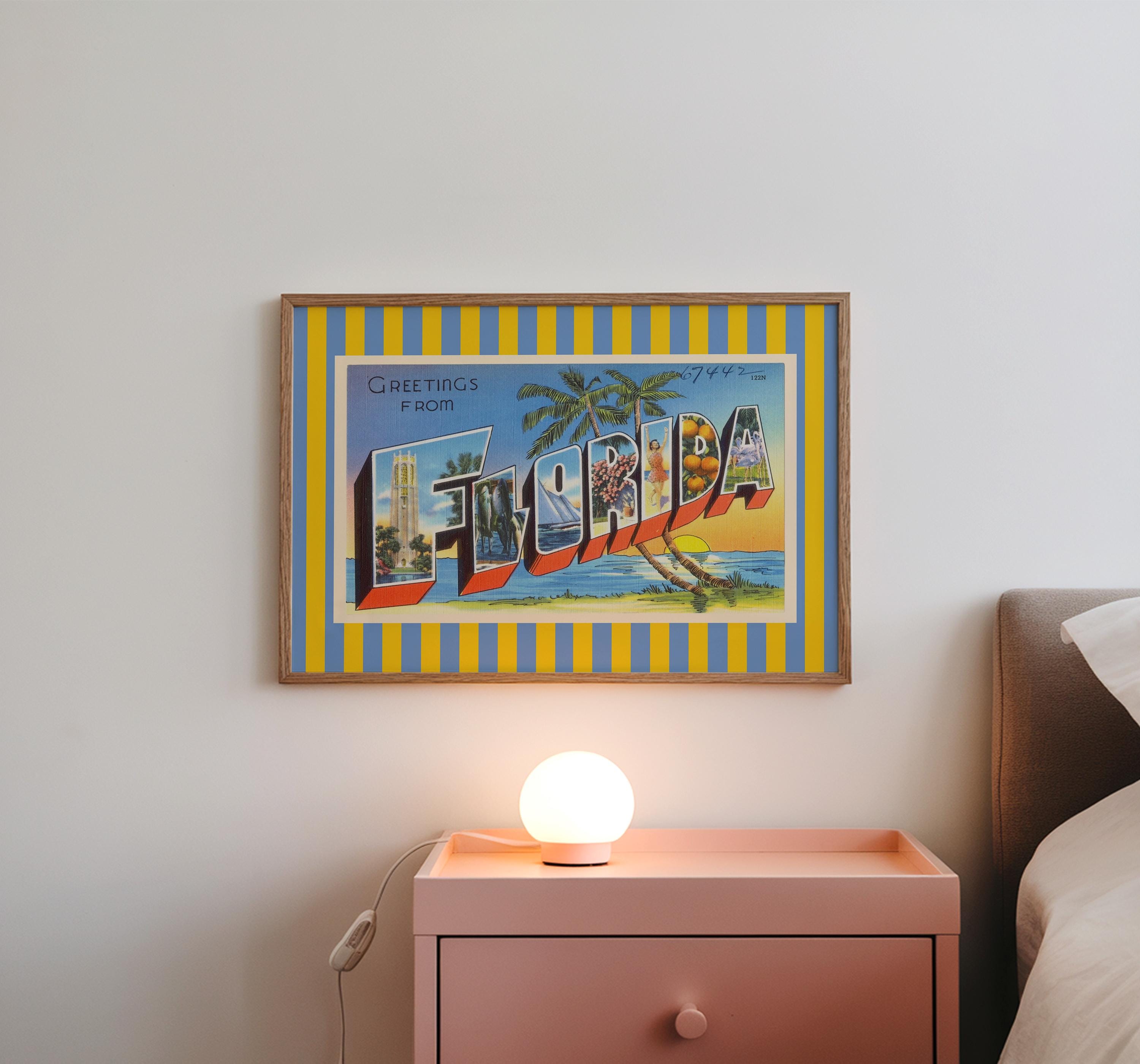 Florida Wall Art Print Digital Download Florida Poster Retro Travel Prints Florida Dorm Decor Horizontal Florida Photo Striped Blue Art