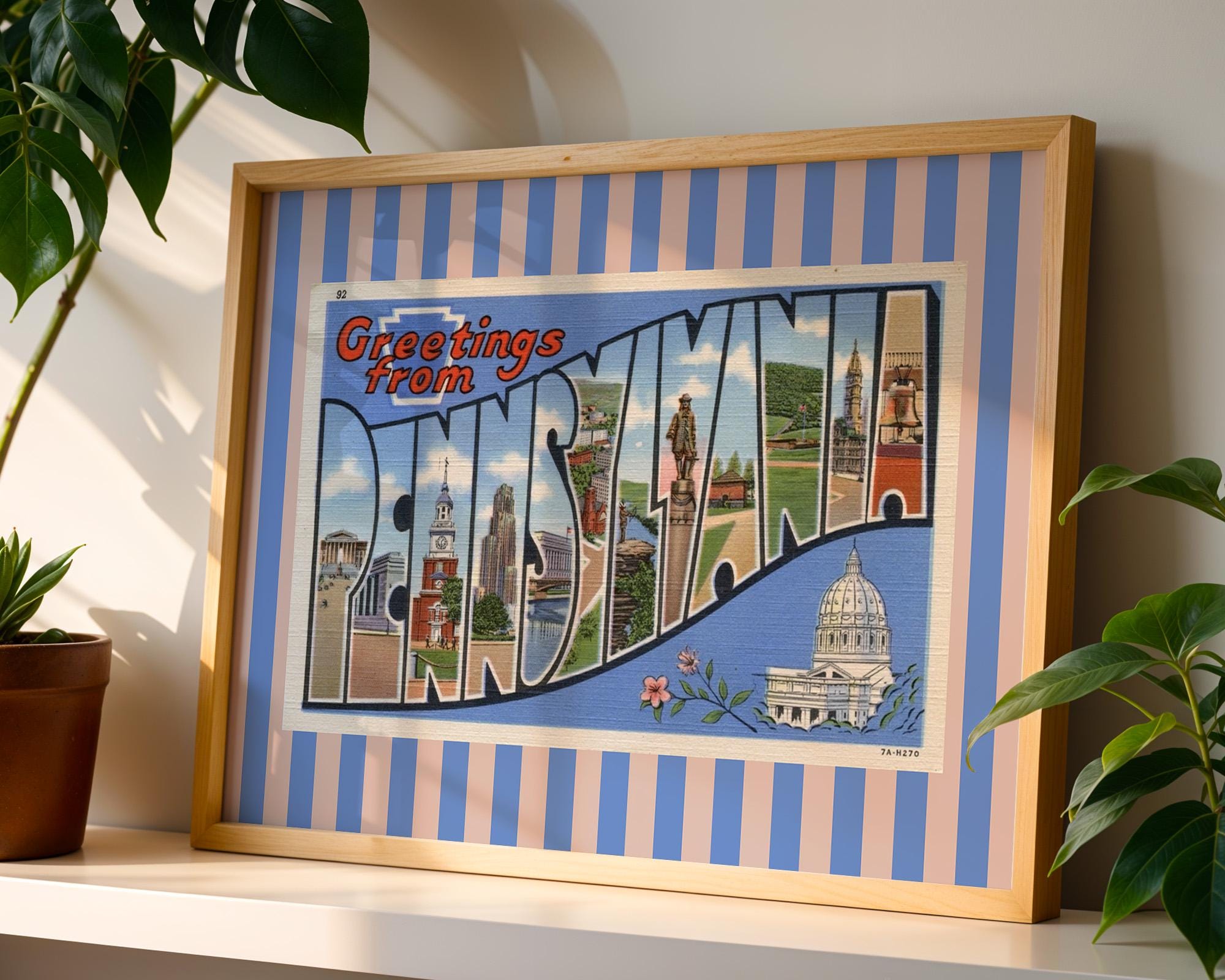 Pennsylvania Wall Art Print Digital Download Penn Poster Retro Travel Prints Pennsylvania Dorm Decor Horizontal Photo Striped Blue Art Print