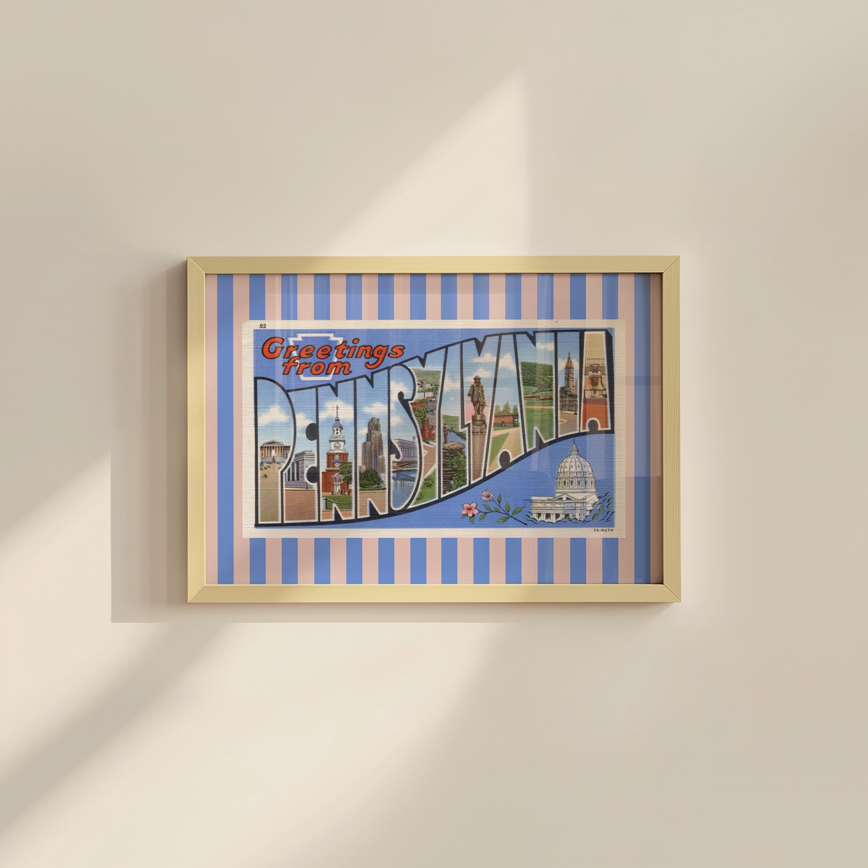 Pennsylvania Wall Art Print Digital Download Penn Poster Retro Travel Prints Pennsylvania Dorm Decor Horizontal Photo Striped Blue Art Print