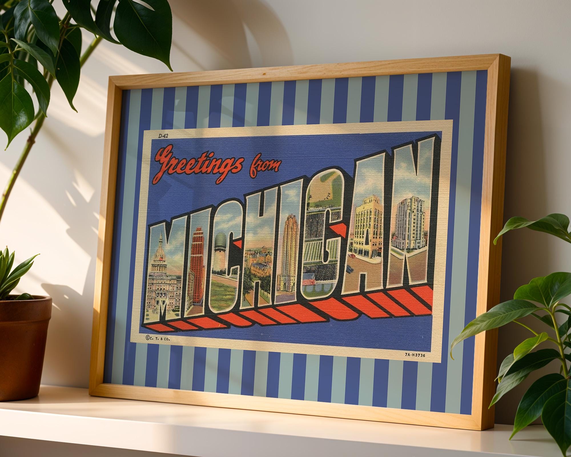 Michigan Wall Art Print Digital Download Michigan Poster Retro Travel Prints Michigan Dorm Decor Horizontal Photo Striped Blue Art Print