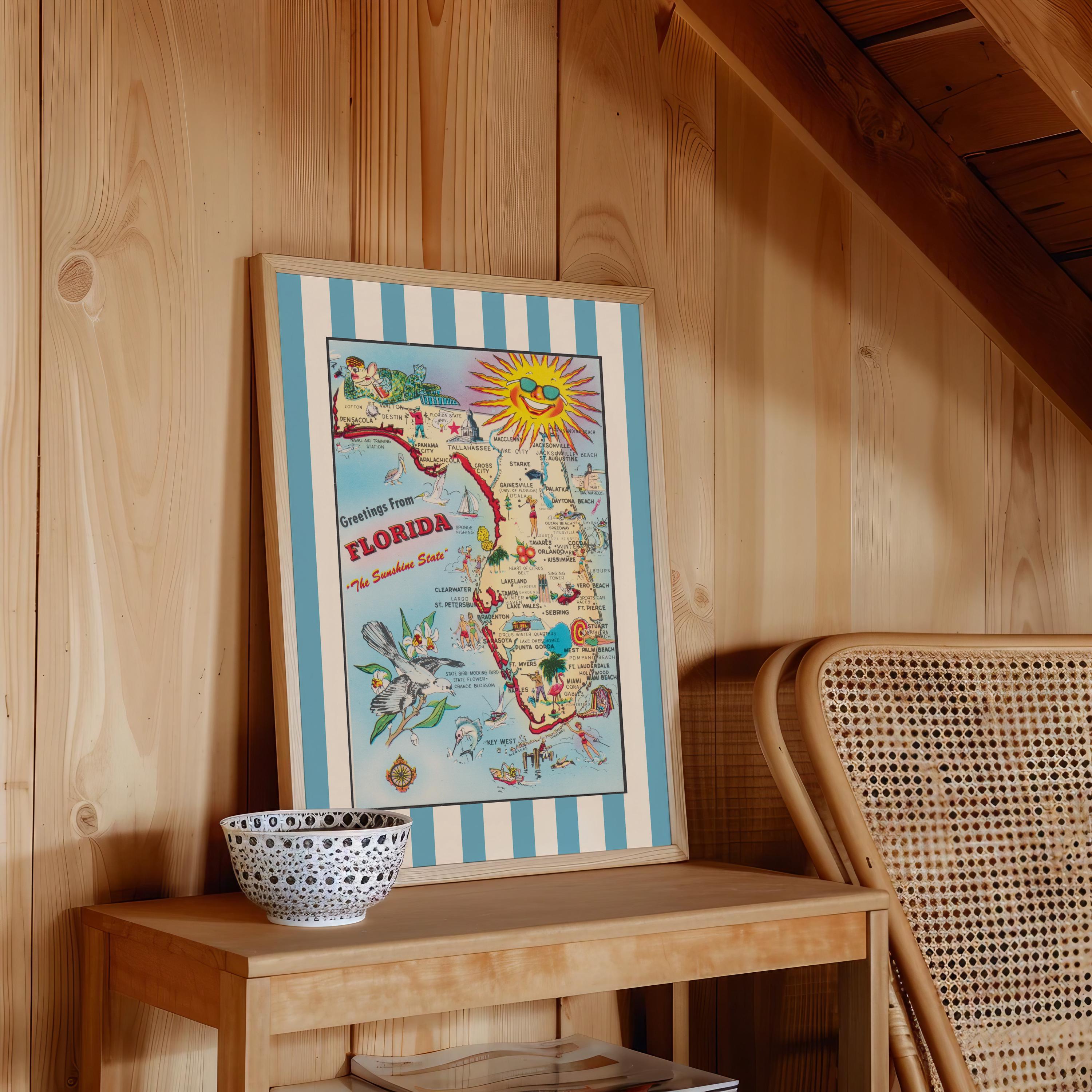 Florida Wall Art, Florida Vintage Poster Print, Trendy Striped Poster, Printable Bedroom Decor, Florida Map art print. Downloadable Print