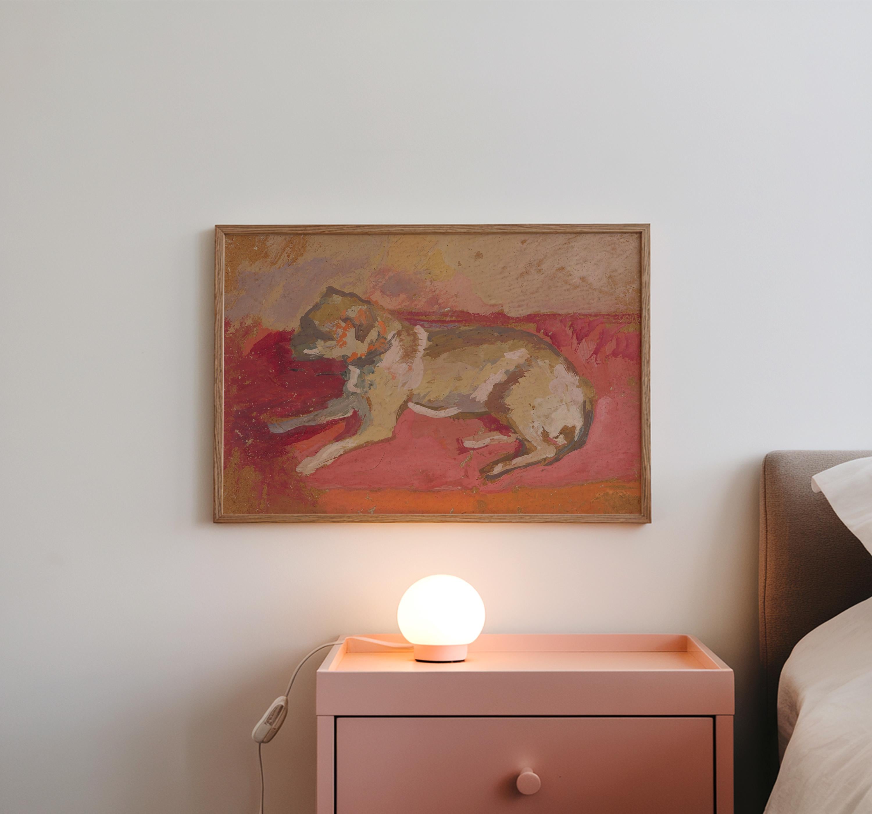 Colorful Vintage Dog Wall Art, Abstract Oil Painting, Digital Art, Cottage Core, Vintage Wall Decor, Instant Download, Pink Dog Art
