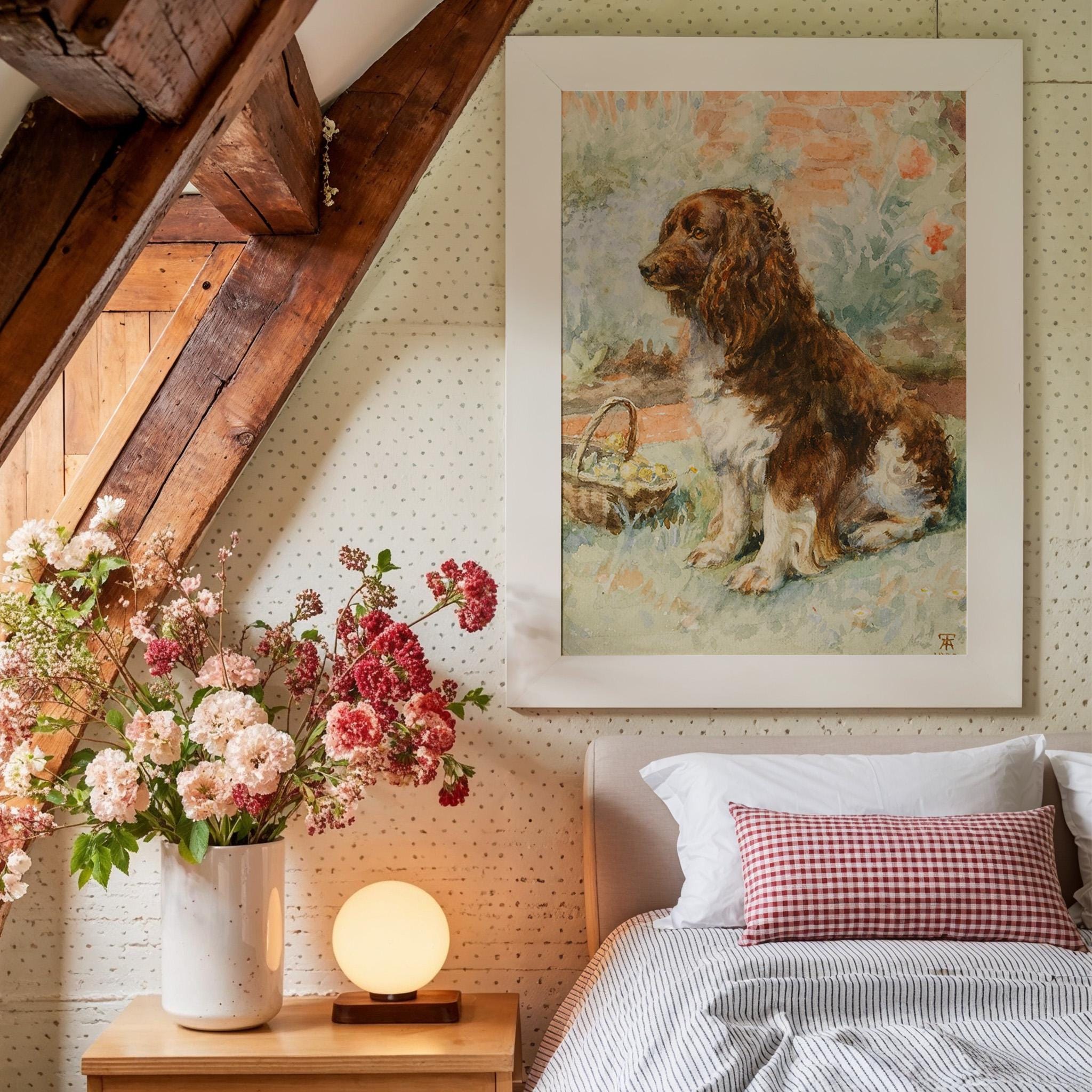 Small Dog Oil Painting, Vintage French 19th Century Art, Cute Dog Wall Art, Blue Dog Art Print, Digital Download, Digital Art Print