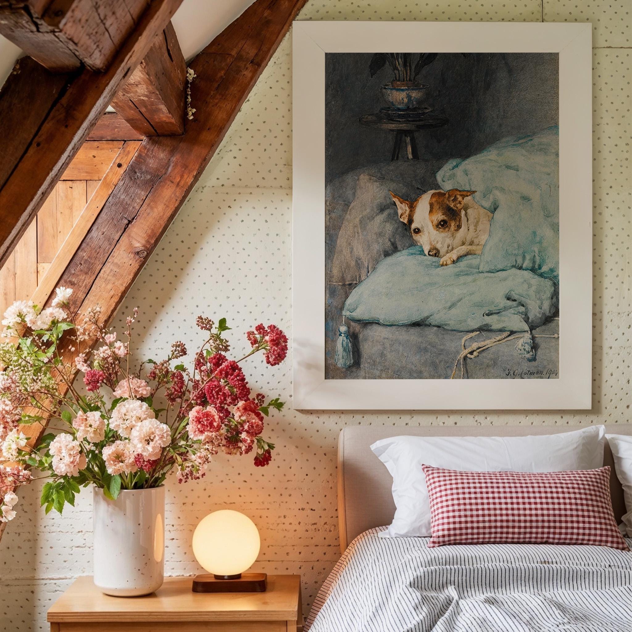Small Dog Blue Oil Painting, Vintage French 19th Century Art, Cute Dog Wall Art, Blue Dog Art Print, Digital Download, Digital Art Print