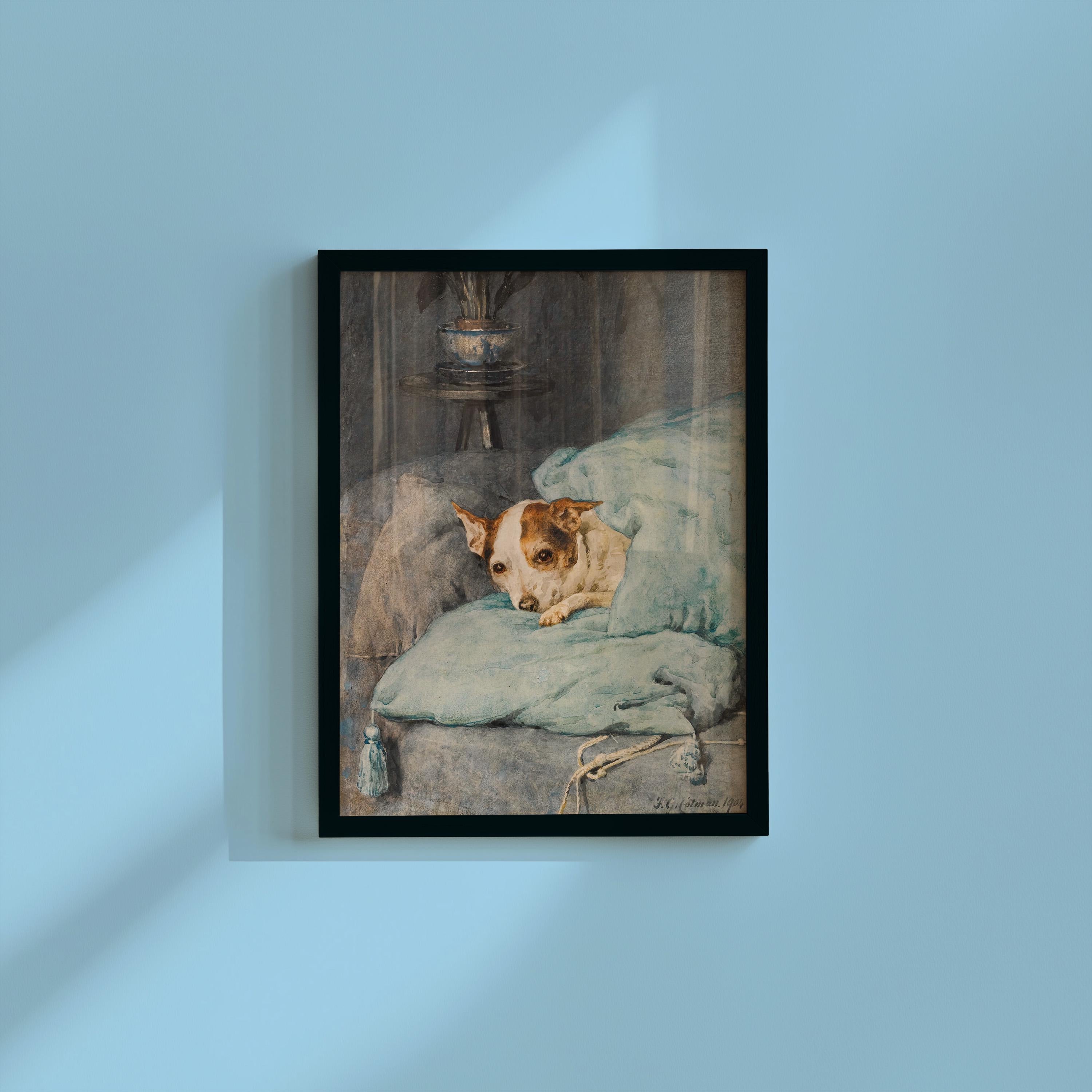 Small Dog Blue Oil Painting, Vintage French 19th Century Art, Cute Dog Wall Art, Blue Dog Art Print, Digital Download, Digital Art Print