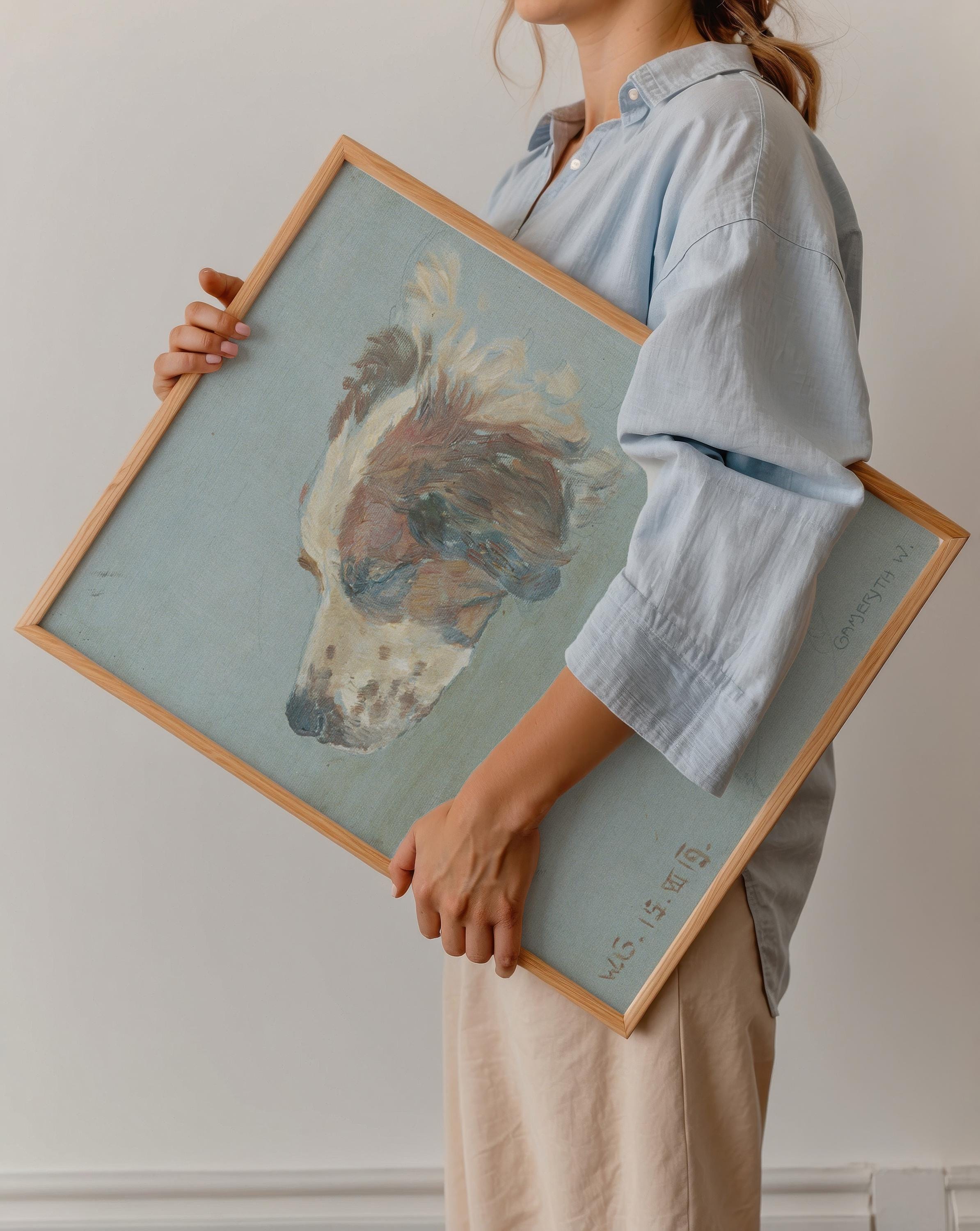 Dog Blue Oil Painting, Vintage French 19th Century Art, Cute Dog Wall Art, Blue Dog Art Print, Digital Download, Digital Art Print