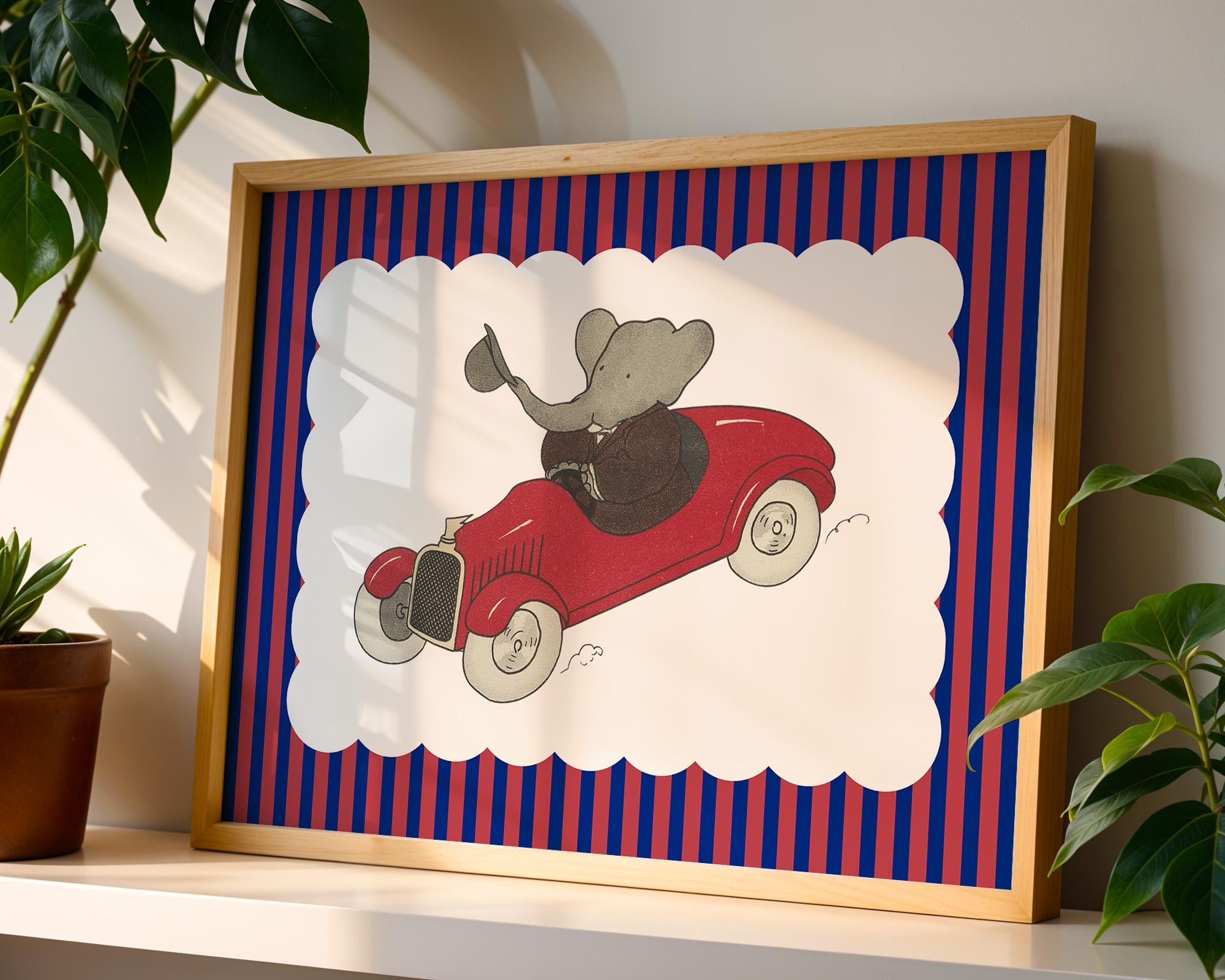 Babar the elephant wall decor, printable all art, nursery decor, kids gift, illustration print, babar red stripe art, vintage kids art print