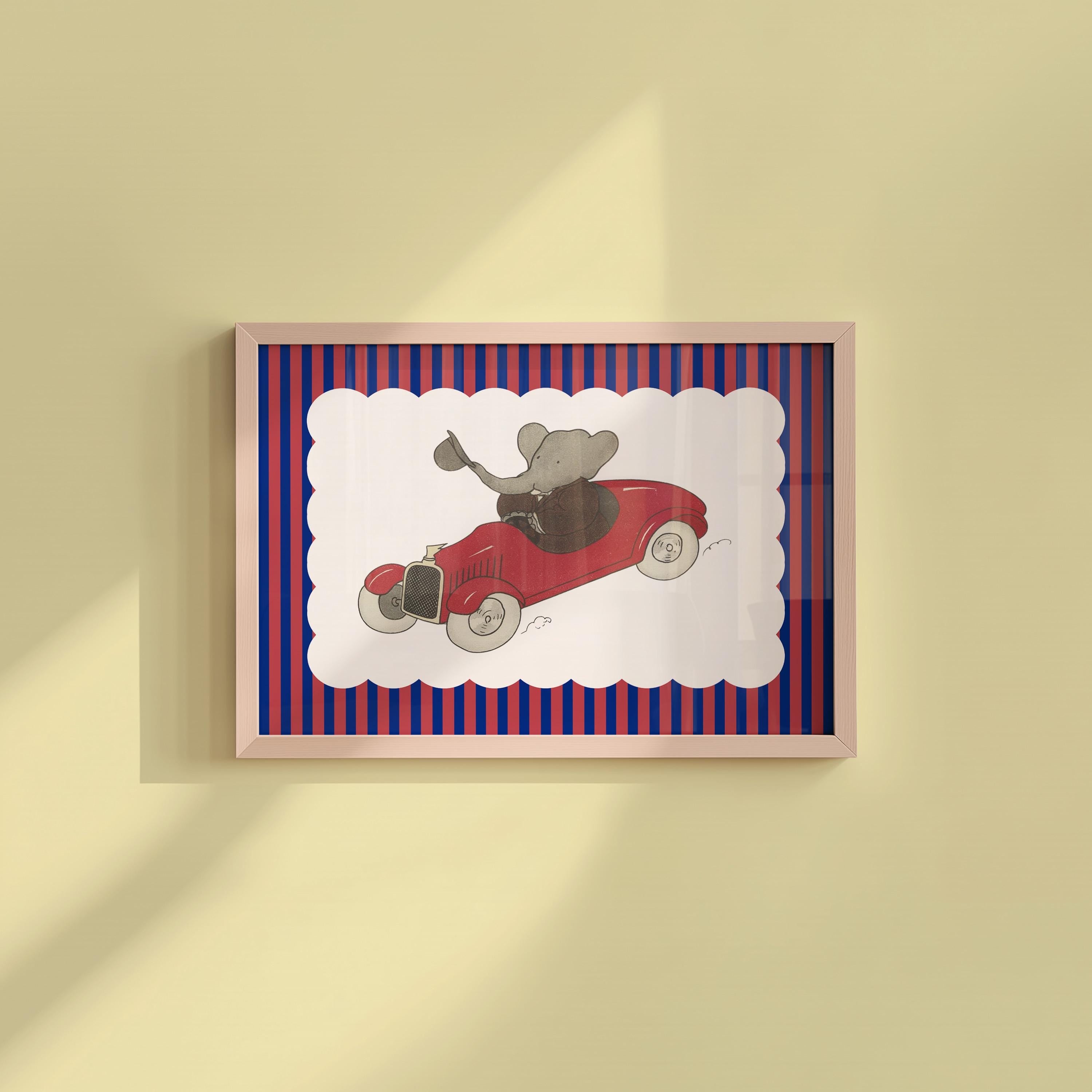 Babar the elephant wall decor, printable all art, nursery decor, kids gift, illustration print, babar red stripe art, vintage kids art print