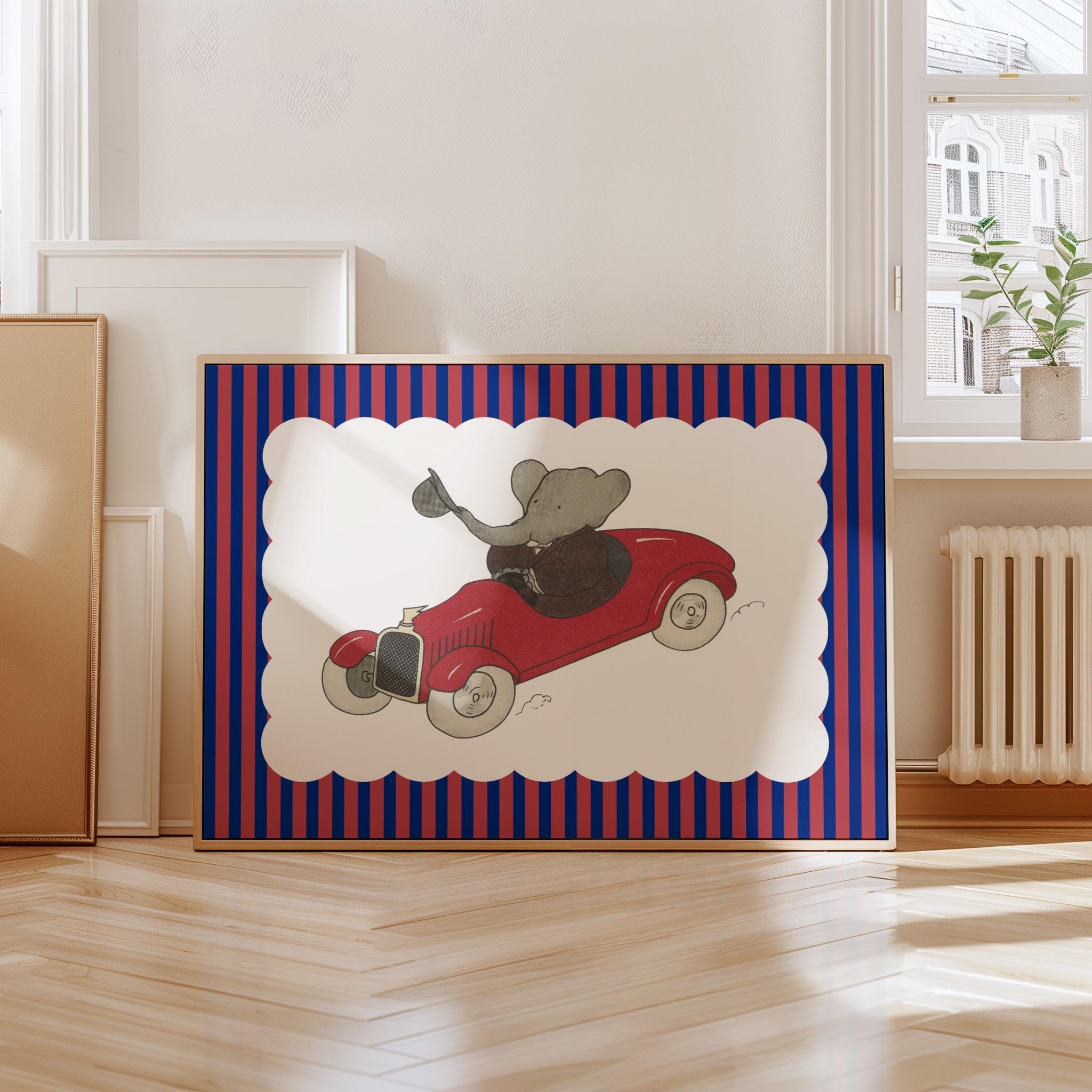 Babar the elephant wall decor, printable all art, nursery decor, kids gift, illustration print, babar red stripe art, vintage kids art print
