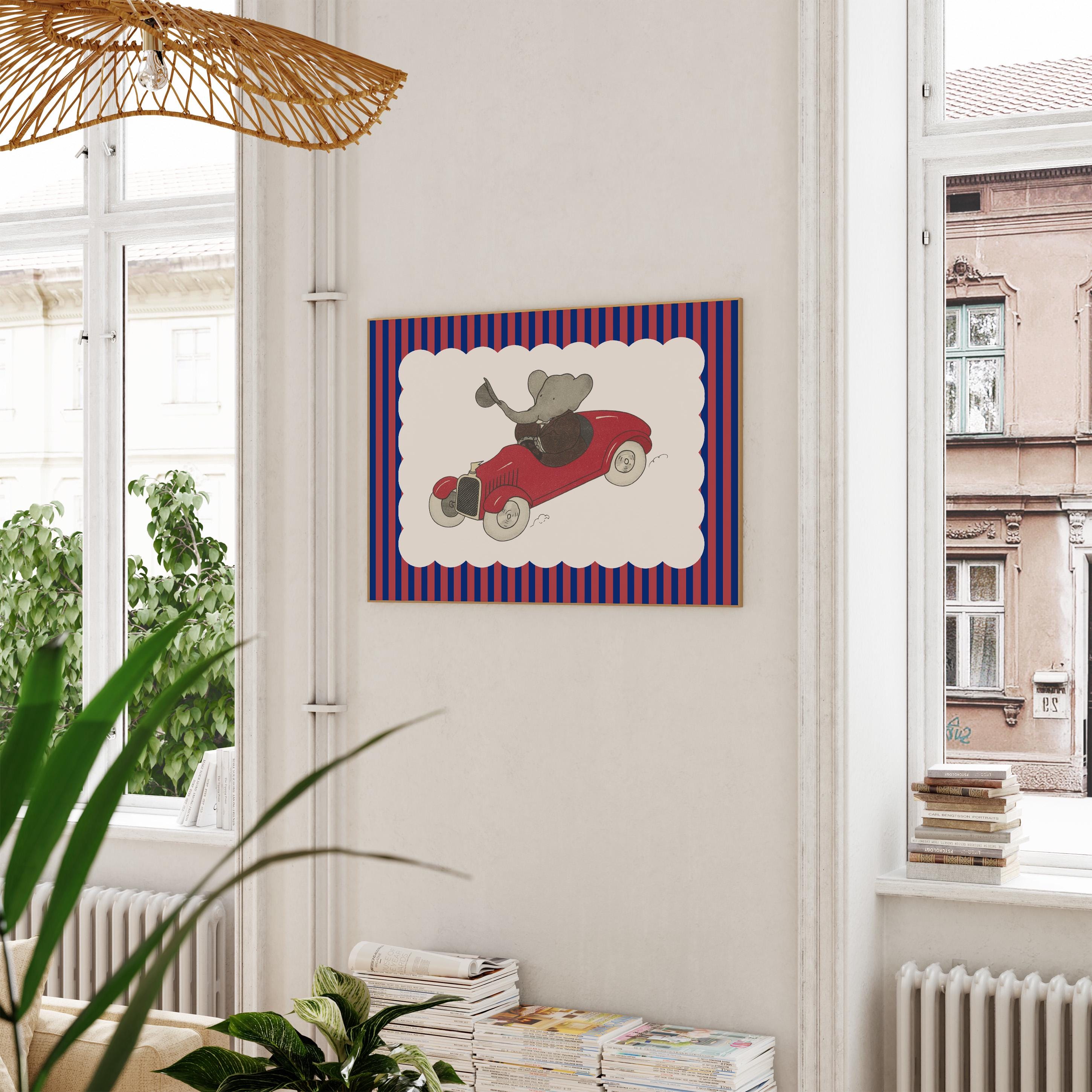 Babar the elephant wall decor, printable all art, nursery decor, kids gift, illustration print, babar red stripe art, vintage kids art print