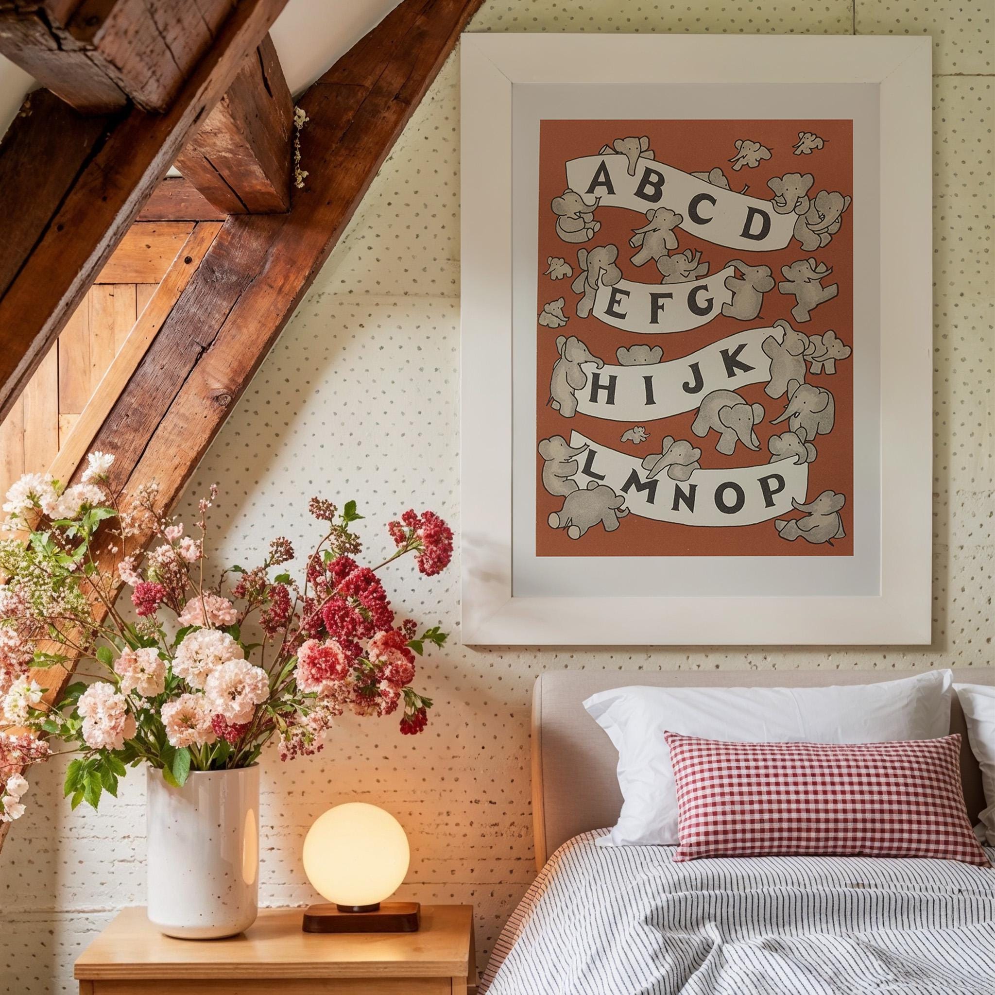 Vintage Babar Nursery Prints DIGITAL DOWNLOADS, Set of 2 red gingham prints, Kids Room Decor, Literary Elephant Wall Art, alphabet art