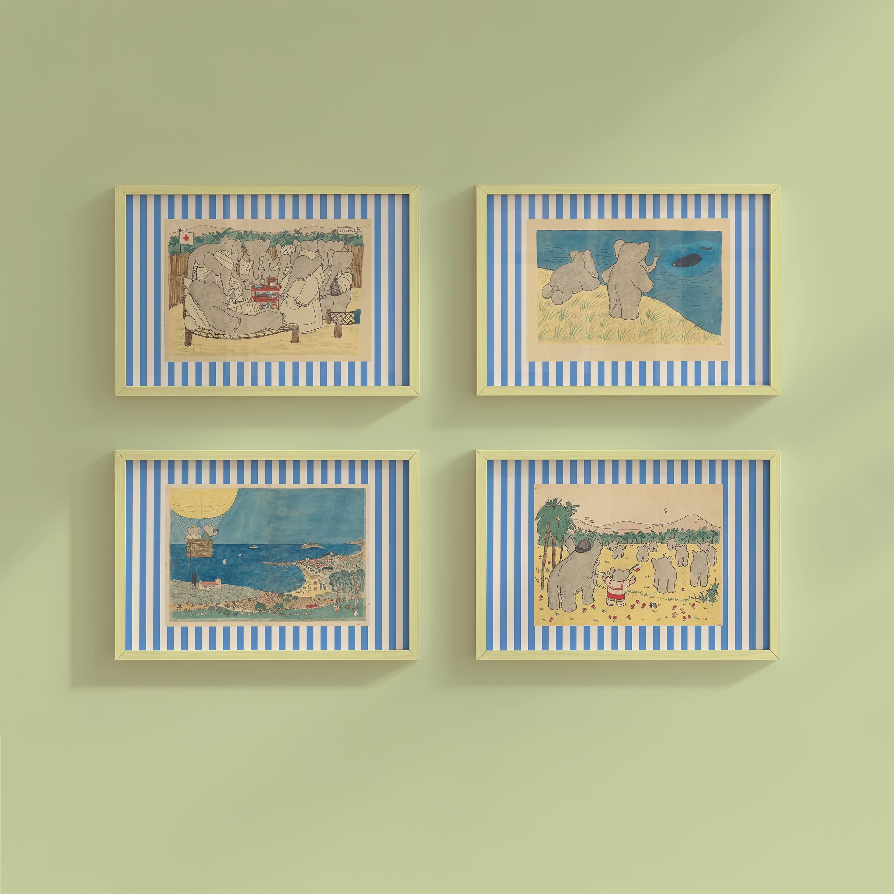 Vintage Babar Nursery Prints DIGITAL DOWNLOADS, Set of 4 Blue striped prints, Kids Room Decor, Literary Elephant Wall Art, kids Room