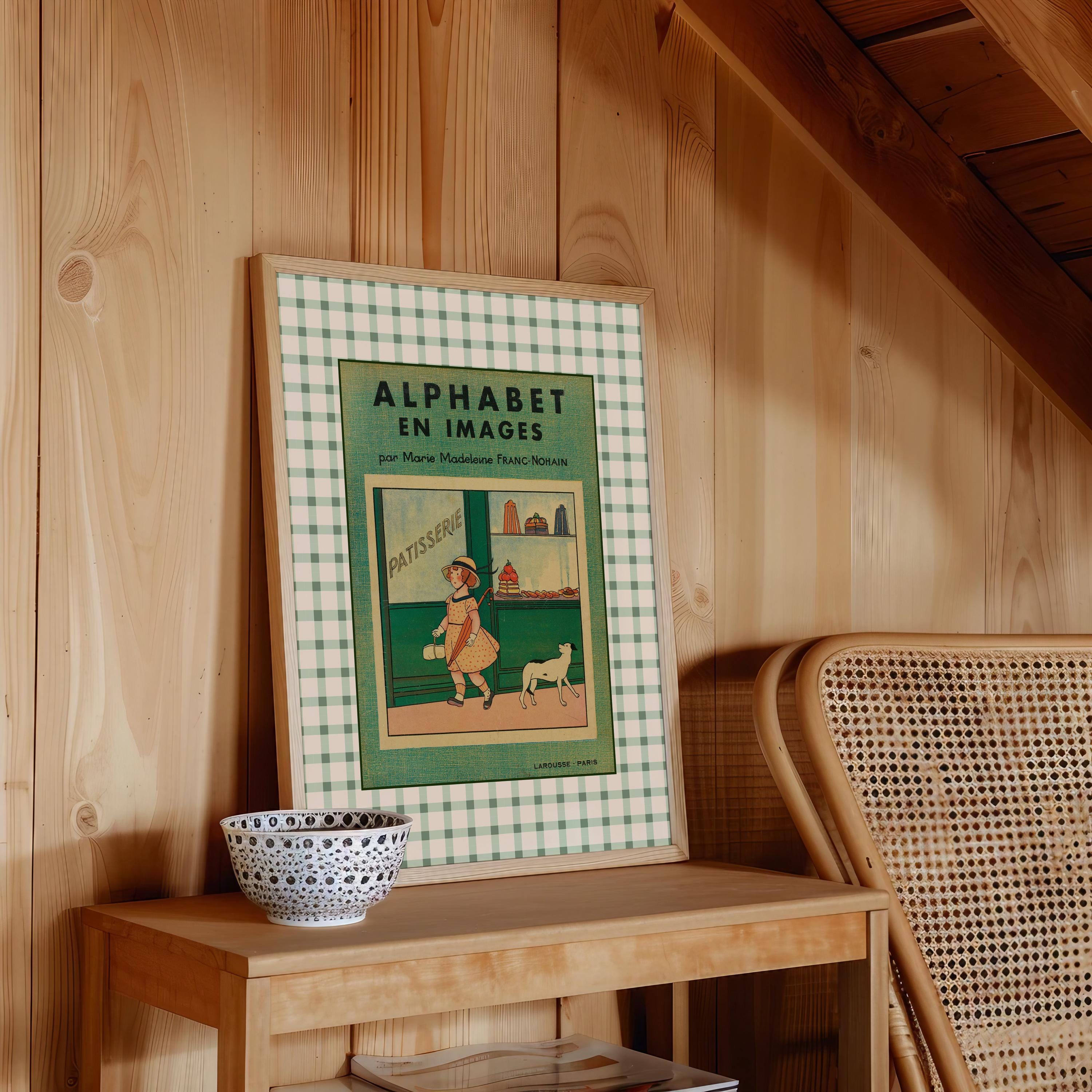 Vintage ABC Poster Print, Sage Green ABC poster, Nursery Artwork, DIGITAL art print, gingham wall art, french nursery art, patisserie art