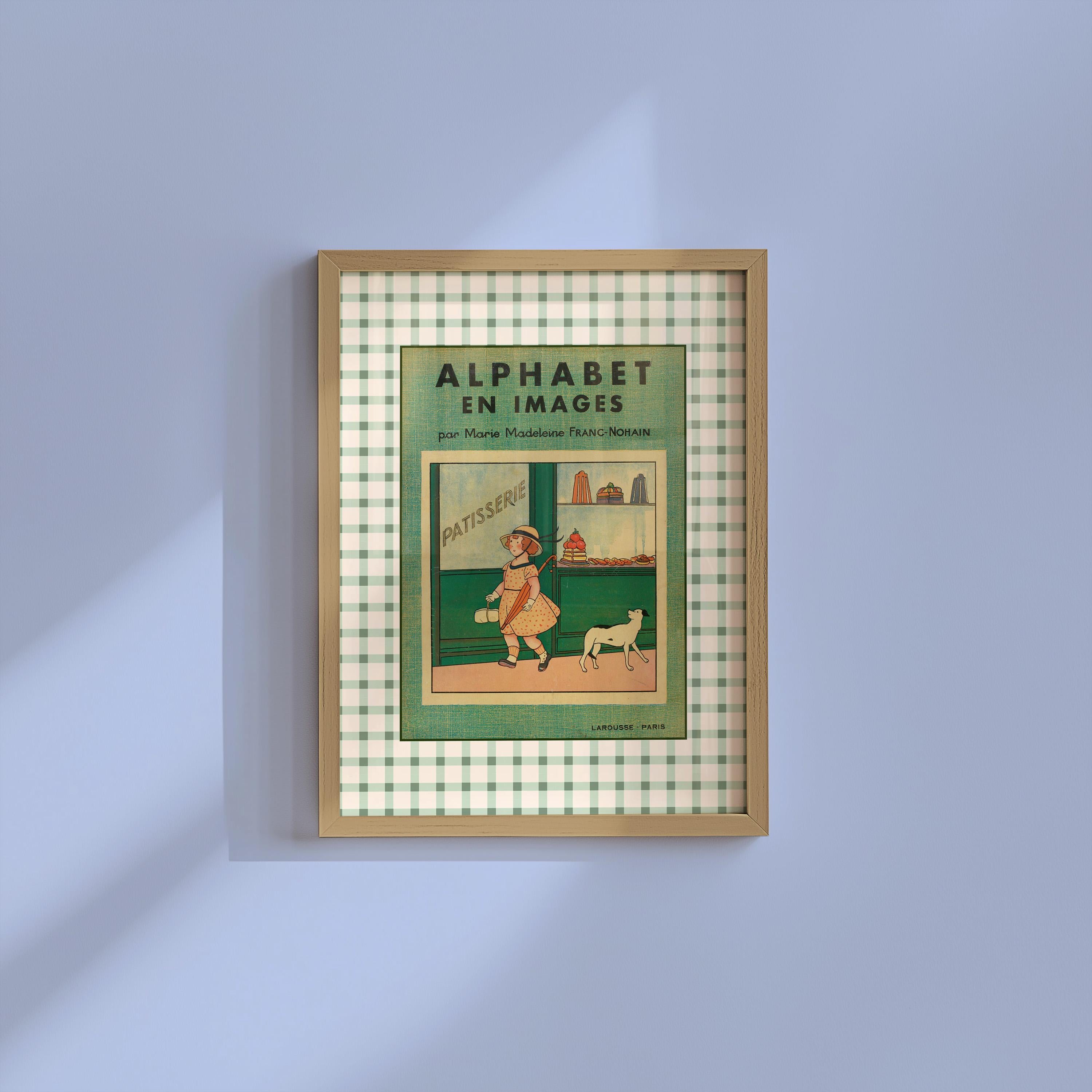 Vintage ABC Poster Print, Sage Green ABC poster, Nursery Artwork, DIGITAL art print, gingham wall art, french nursery art, patisserie art