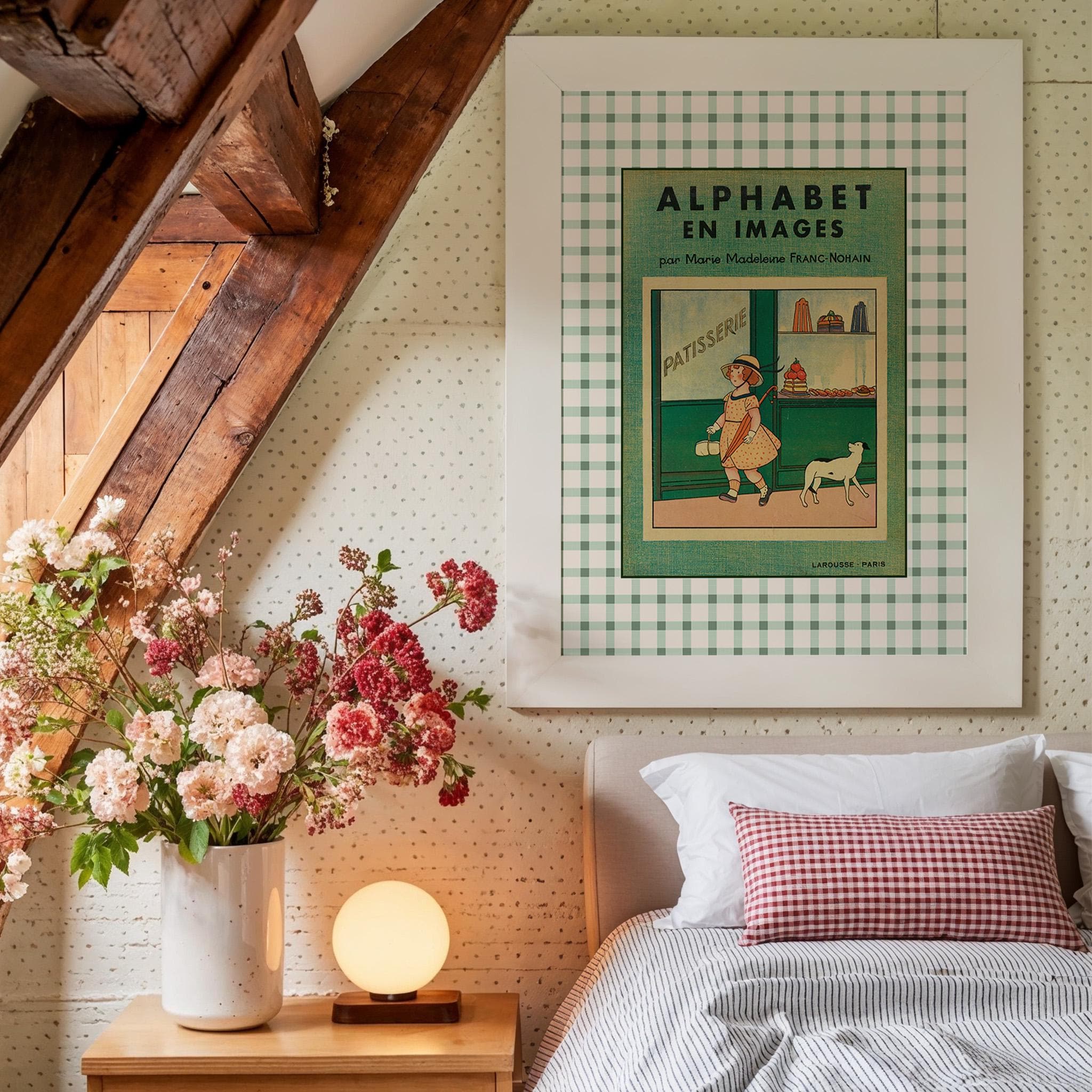 Vintage ABC Poster Print, Sage Green ABC poster, Nursery Artwork, DIGITAL art print, gingham wall art, french nursery art, patisserie art