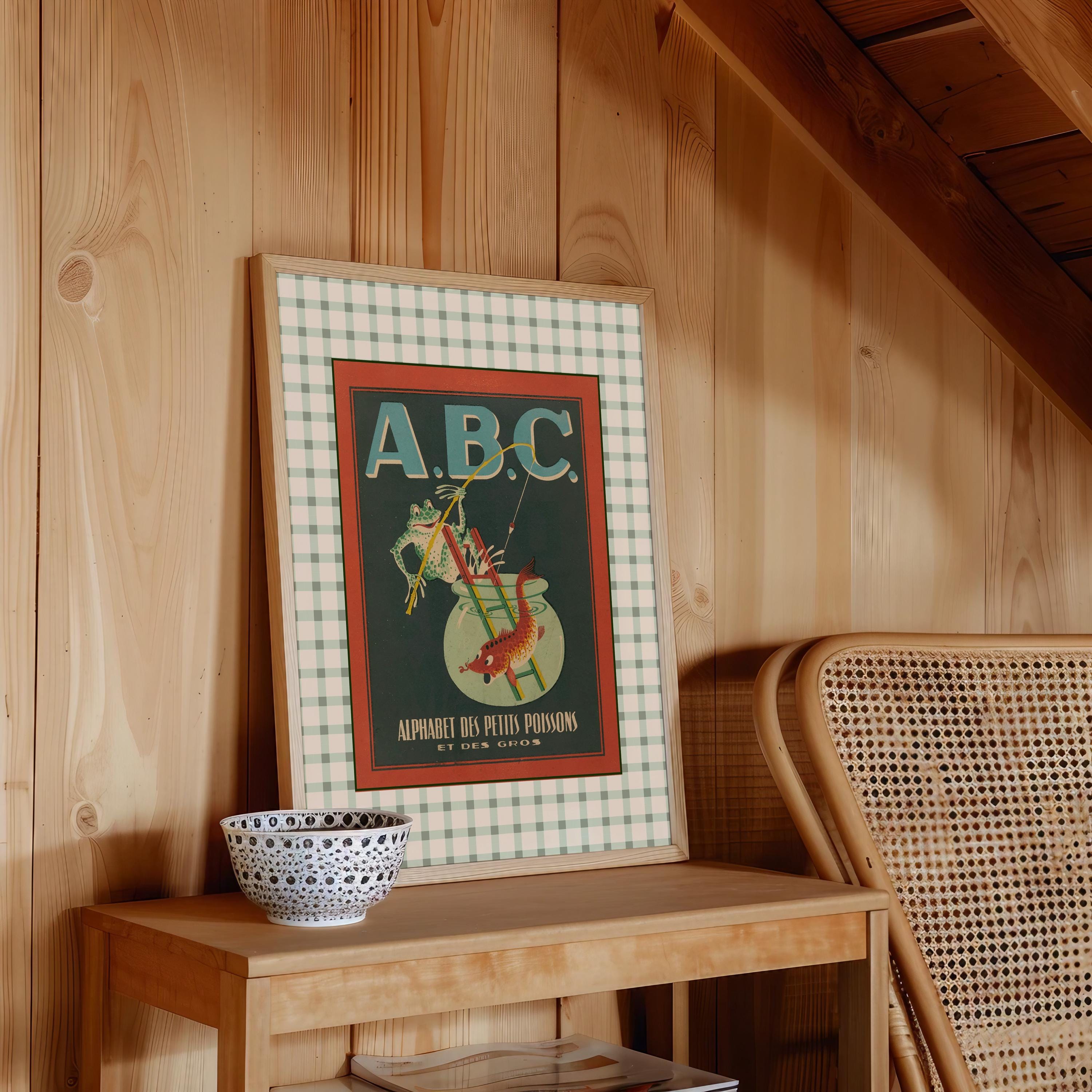 Vintage ABC Poster Print, Sage Green Alphabet Chart, Nursery Letter Artwork, Digital Art Print, Fish Decor, French art prints, french decor