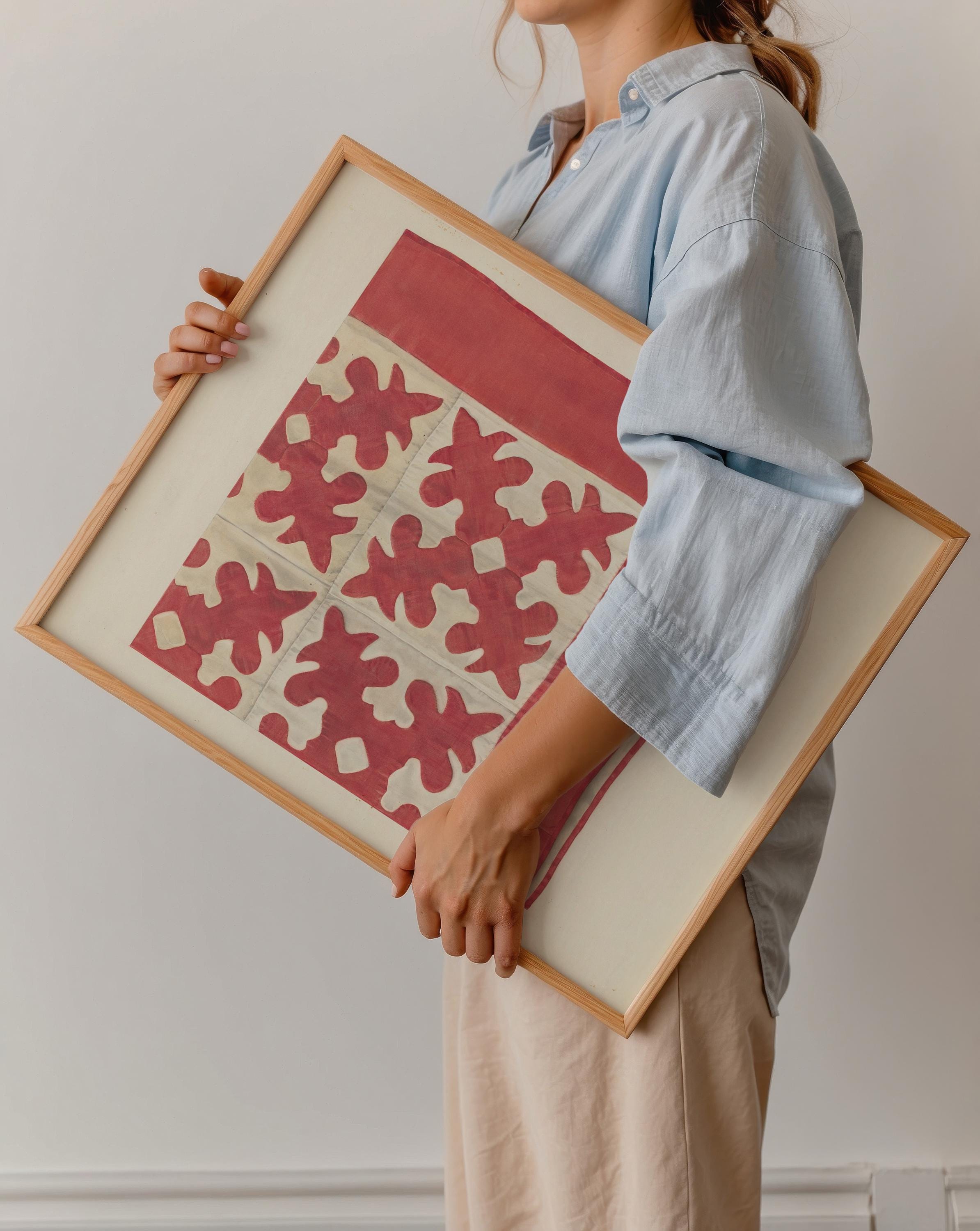 Floral Quilt Art Print for English Cottage Decor, Digital Download, folk art, quilt art print, americana art decor, red and beige decor