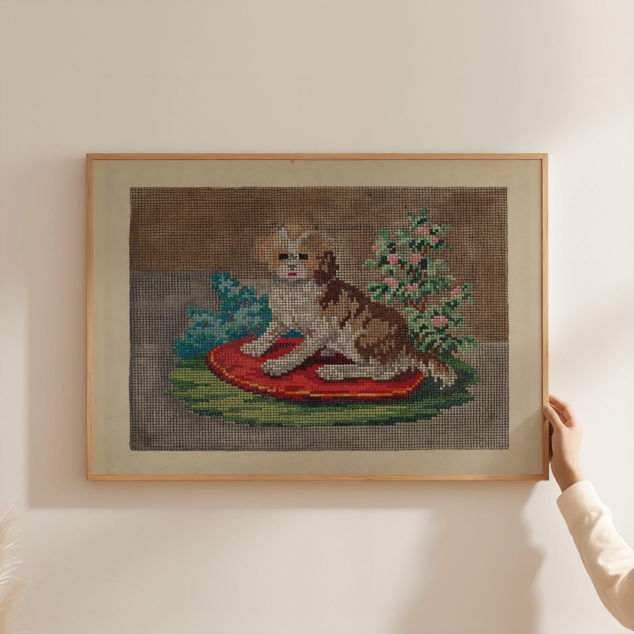 Cross Stitch PRINT, needlepoint art print, cute dog art, digital download, art print, vintage embroidery art print, needlepoint decor