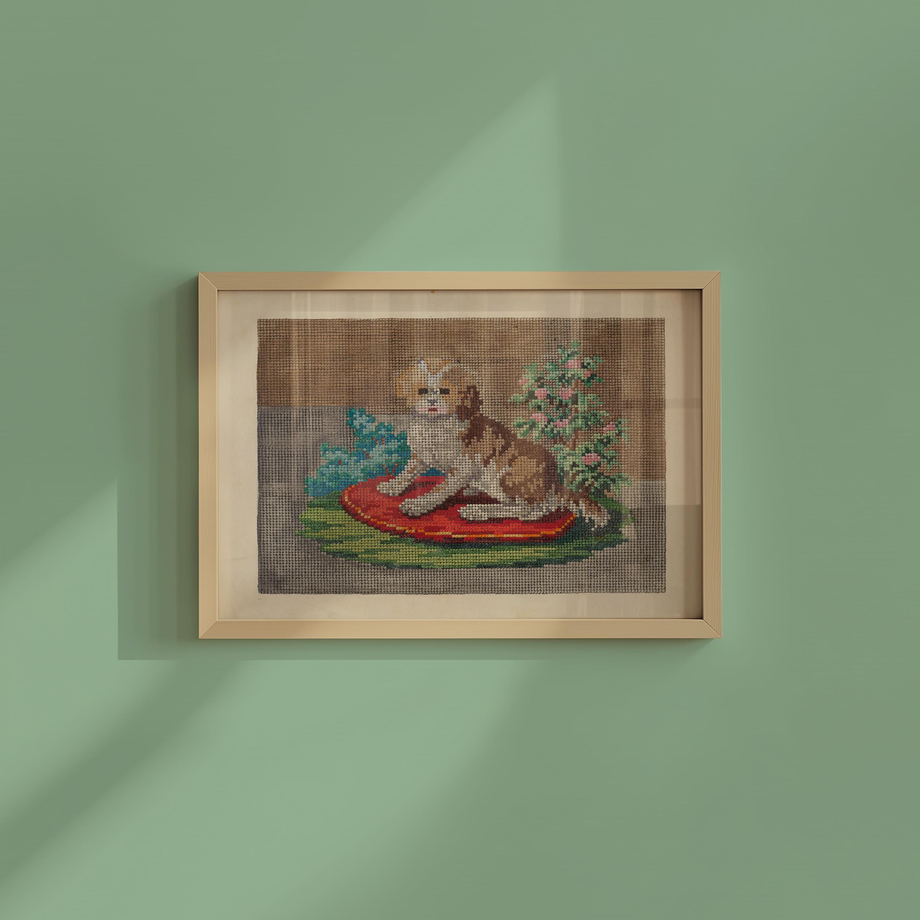 Cross Stitch PRINT, needlepoint art print, cute dog art, digital download, art print, vintage embroidery art print, needlepoint decor